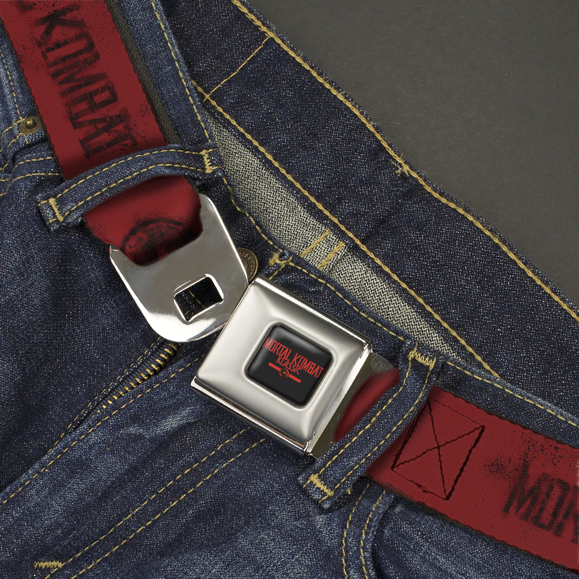 MORTAL KOMBAT KLASSIC Title Logo Full Color Black/Red Seatbelt Belt - MORTAL KOMBAT and Dragon Logo Red/Black Webbing Seatbelt Belts Mortal Kombat