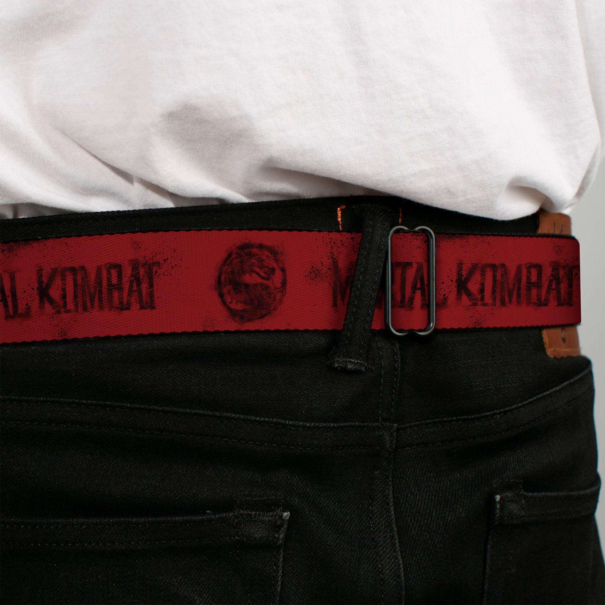 MORTAL KOMBAT KLASSIC Title Logo Full Color Black/Red Seatbelt Belt - MORTAL KOMBAT and Dragon Logo Red/Black Webbing Seatbelt Belts Mortal Kombat