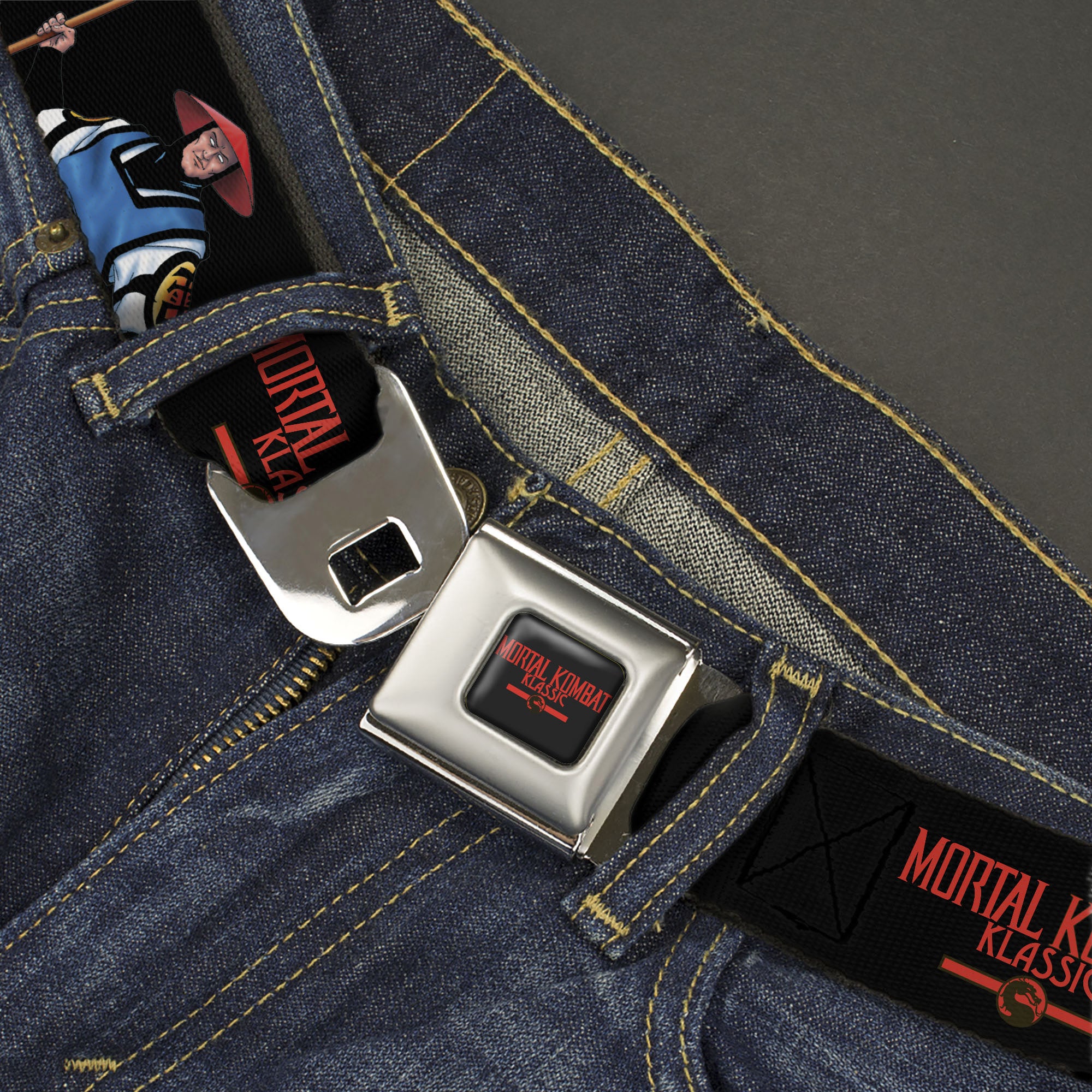 MORTAL KOMBAT KLASSIC Title Logo Full Color Black/Red Seatbelt Belt - MORTAL KOMBAT KLASSIC Raiden Poses and Title Logo Black/Red Webbing Seatbelt Belts Mortal Kombat