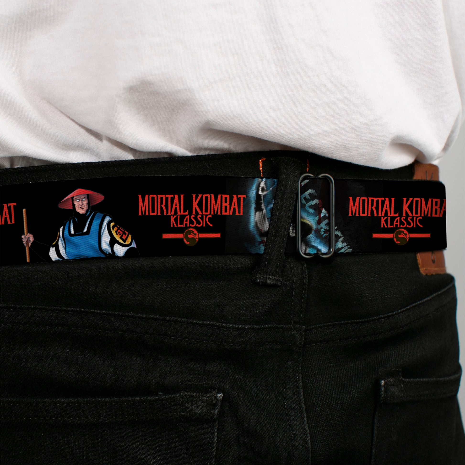 MORTAL KOMBAT KLASSIC Title Logo Full Color Black/Red Seatbelt Belt - MORTAL KOMBAT KLASSIC Raiden Poses and Title Logo Black/Red Webbing Seatbelt Belts Mortal Kombat
