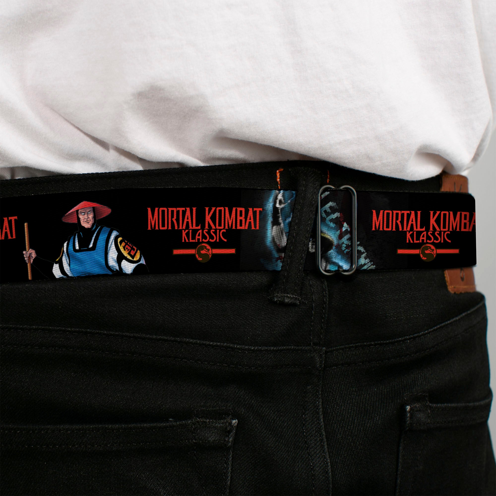 MORTAL KOMBAT KLASSIC Title Logo Full Color Black/Red Seatbelt Belt - MORTAL KOMBAT KLASSIC Raiden Poses and Title Logo Black/Red Webbing Seatbelt Belts Mortal Kombat