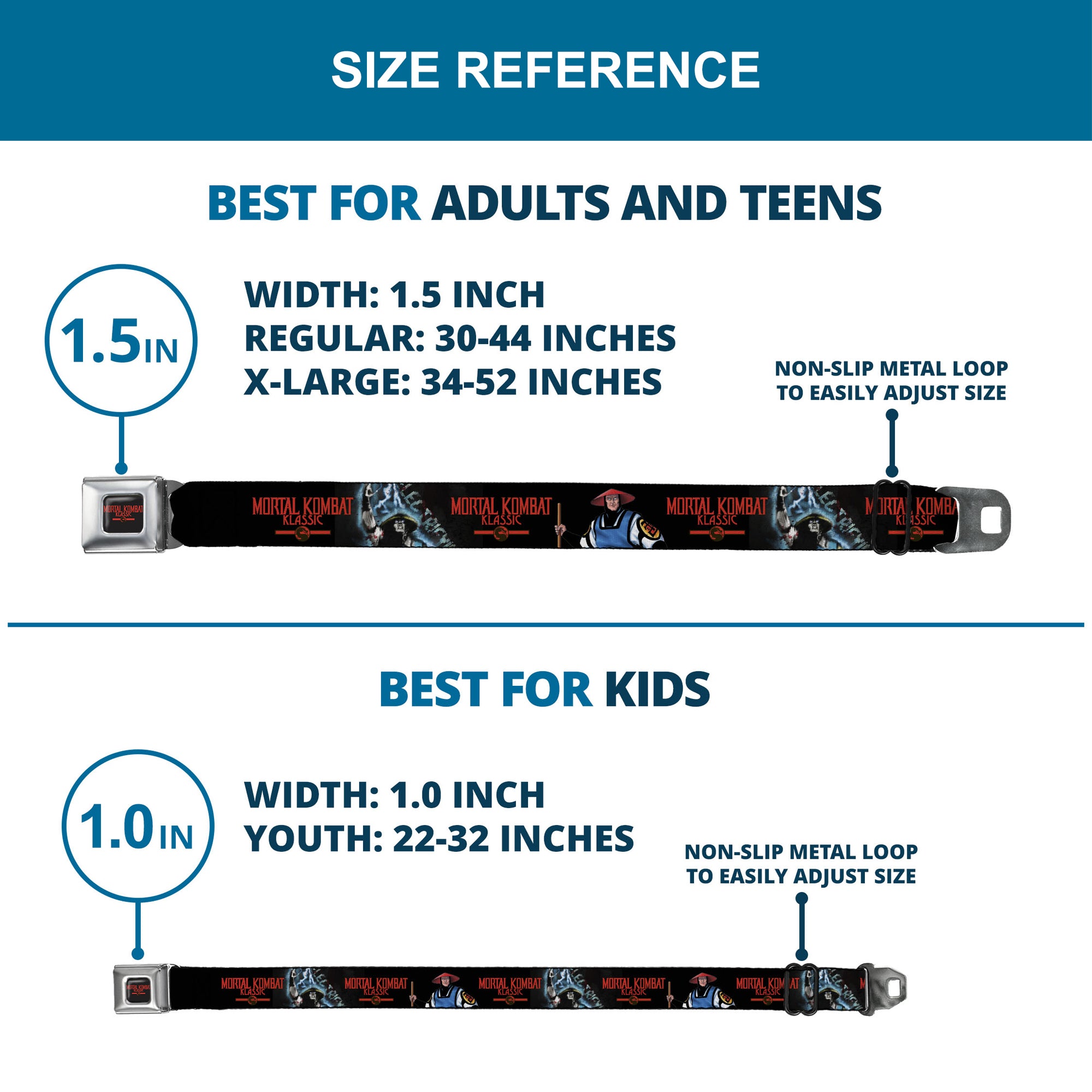 MORTAL KOMBAT KLASSIC Title Logo Full Color Black/Red Seatbelt Belt - MORTAL KOMBAT KLASSIC Raiden Poses and Title Logo Black/Red Webbing Seatbelt Belts Mortal Kombat