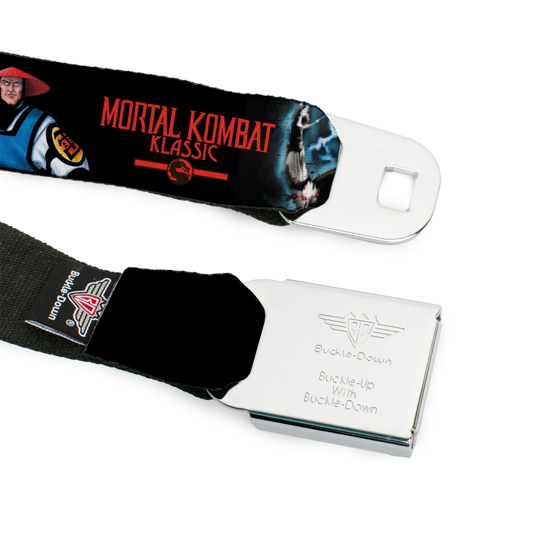 MORTAL KOMBAT KLASSIC Title Logo Full Color Black/Red Seatbelt Belt - MORTAL KOMBAT KLASSIC Raiden Poses and Title Logo Black/Red Webbing Seatbelt Belts Mortal Kombat