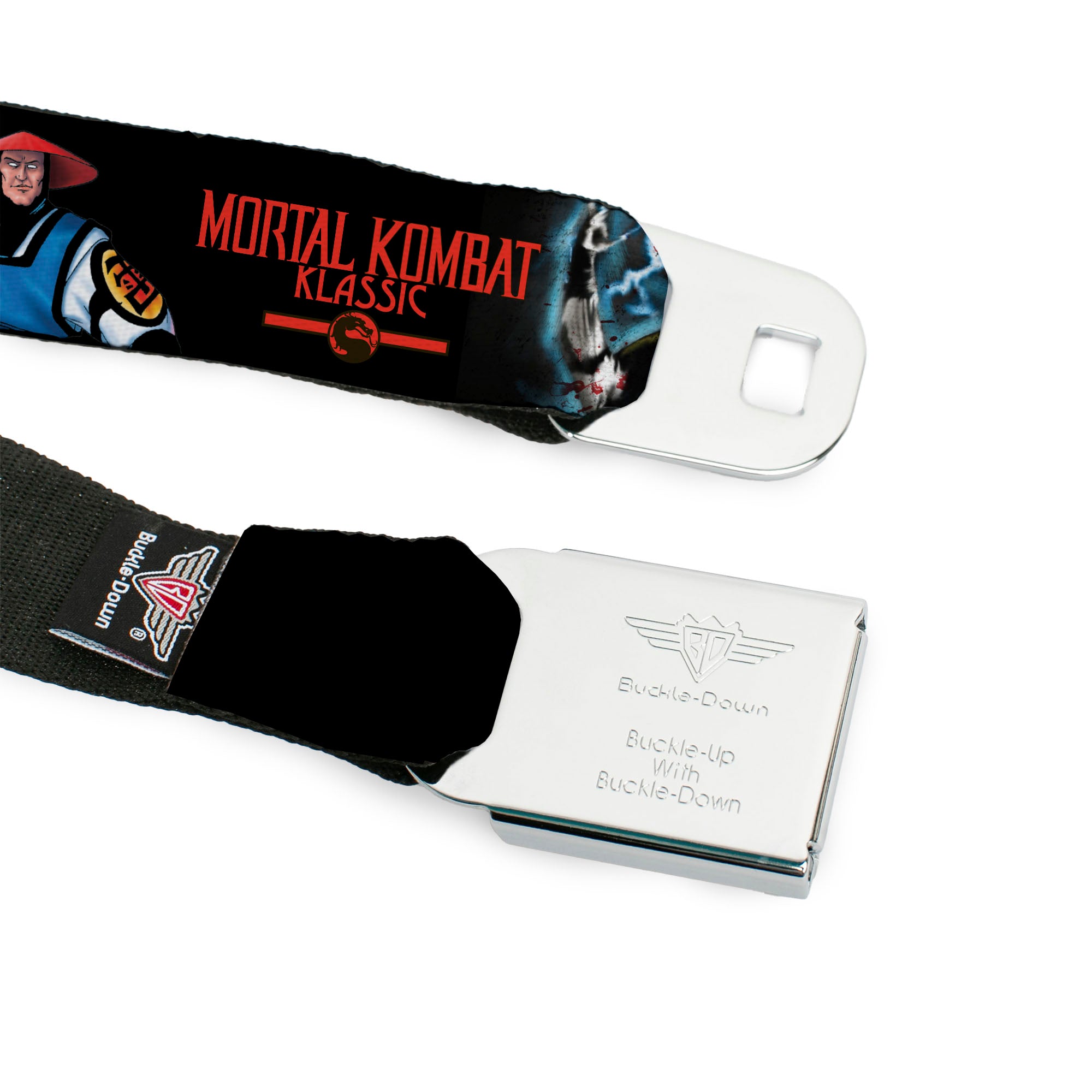MORTAL KOMBAT KLASSIC Title Logo Full Color Black/Red Seatbelt Belt - MORTAL KOMBAT KLASSIC Raiden Poses and Title Logo Black/Red Webbing Seatbelt Belts Mortal Kombat