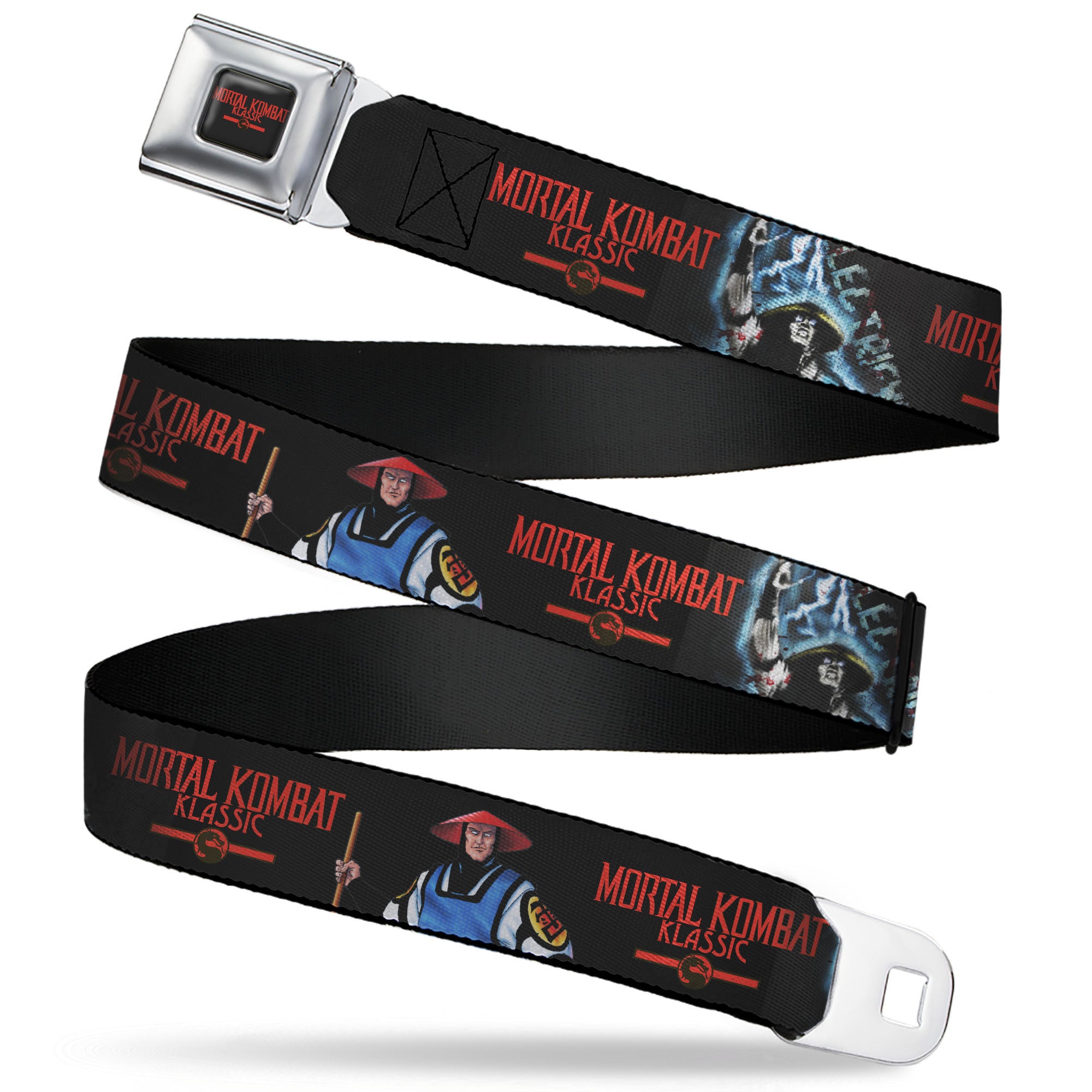 MORTAL KOMBAT KLASSIC Title Logo Full Color Black/Red Seatbelt Belt - MORTAL KOMBAT KLASSIC Raiden Poses and Title Logo Black/Red Webbing Seatbelt Belts Mortal Kombat