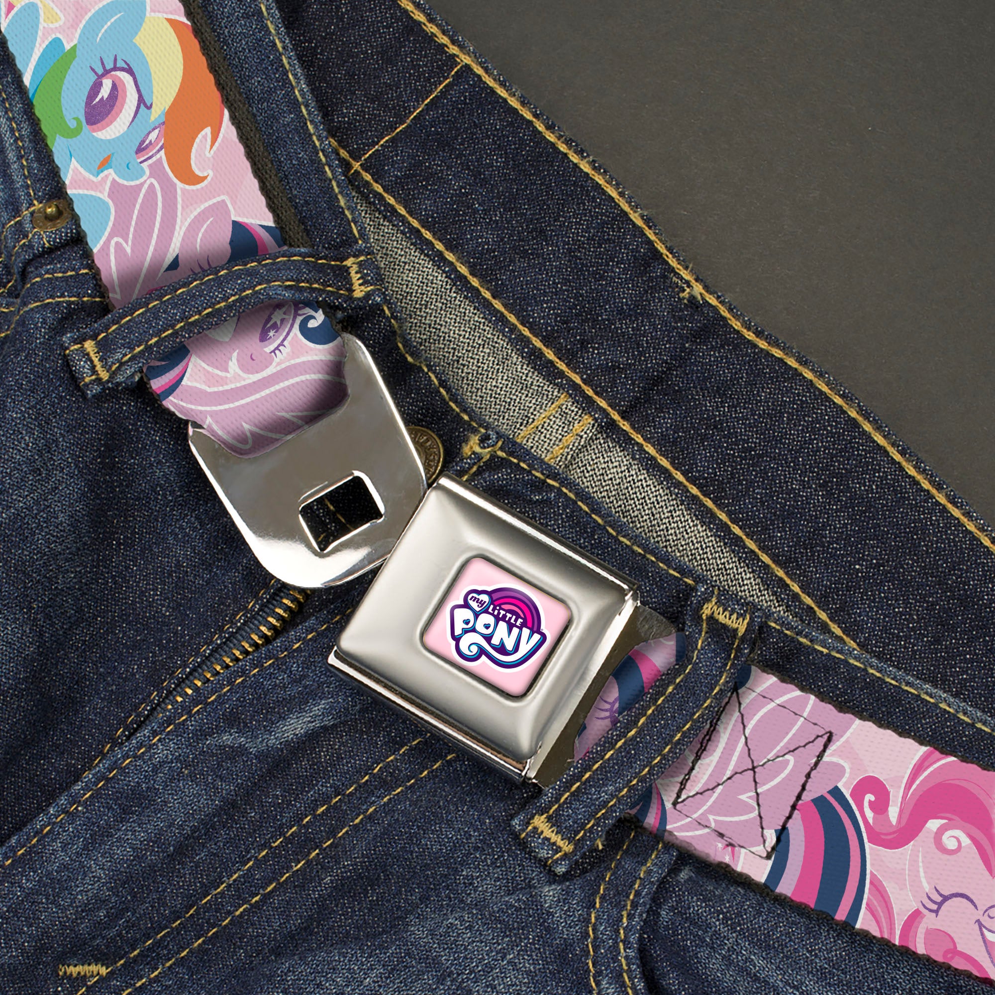 MY LITTLE PONY Title Logo Full Color Pink/White Seatbelt Belt - My Litlle Pony Five Pony Poses Pink Webbing Seatbelt Belts My Little Pony