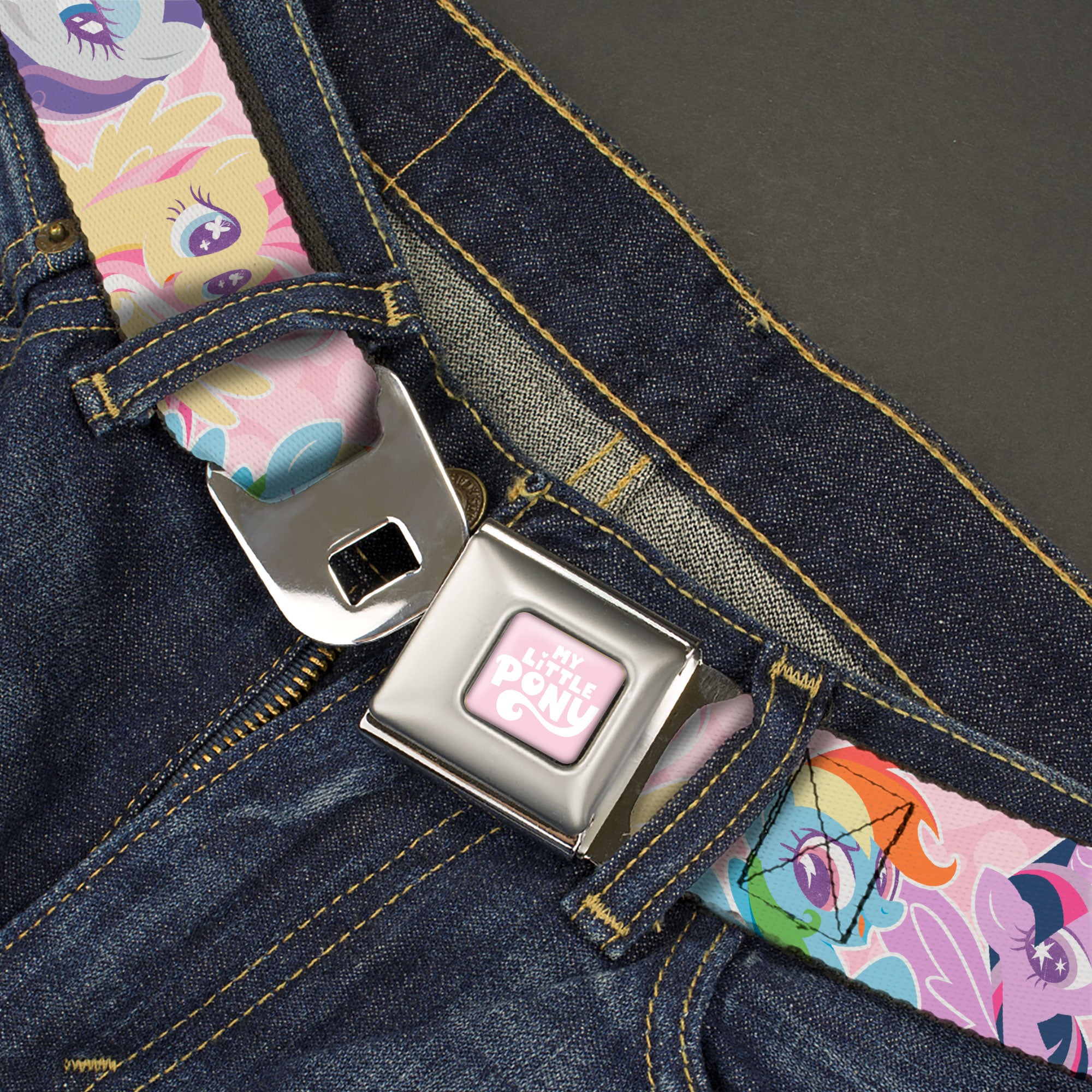 MY LITTLE PONY Title Logo Full Color Pink/White Seatbelt Belt - My Litlle Pony Five Pony Poses Pink Webbing