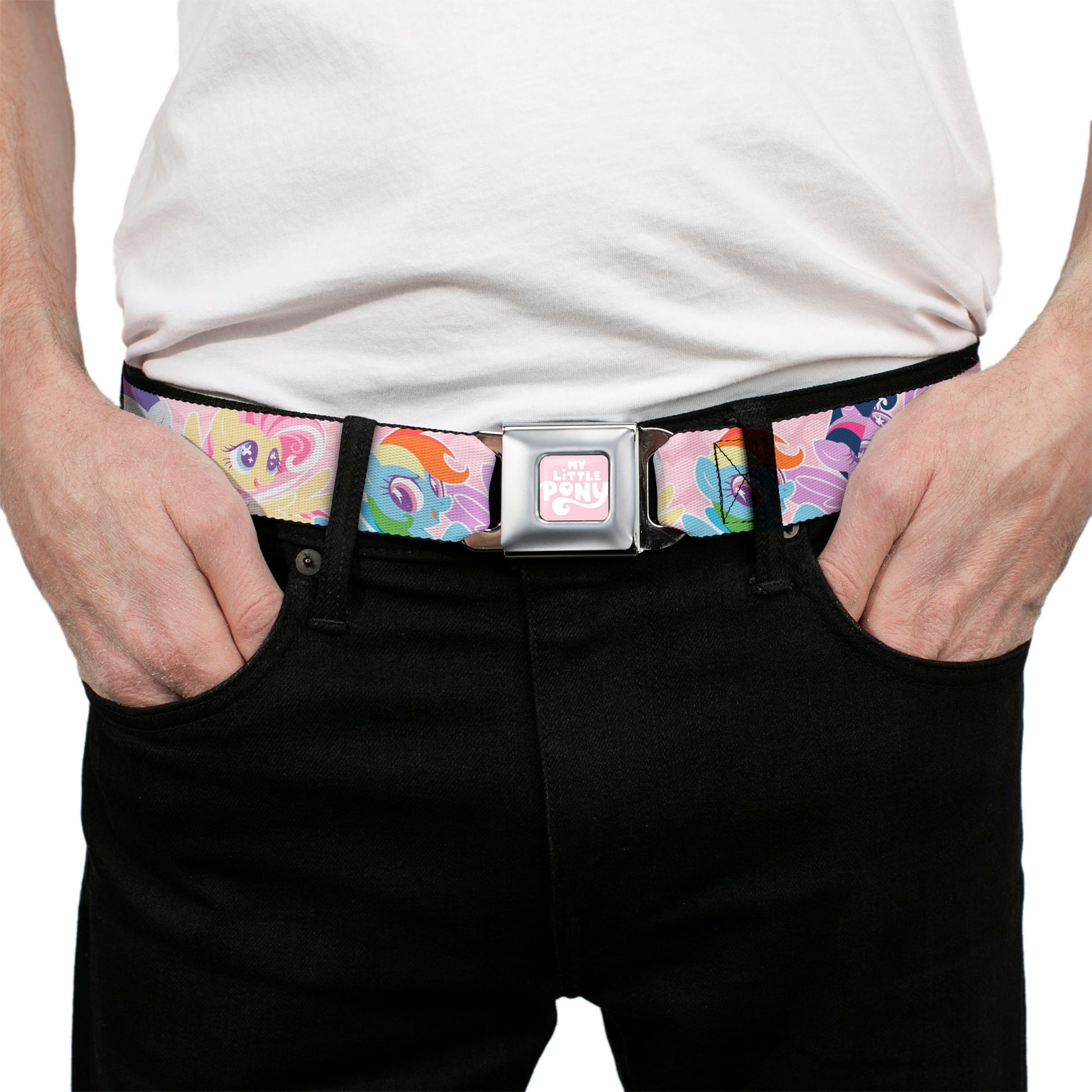 MY LITTLE PONY Title Logo Full Color Pink/White Seatbelt Belt - My Litlle Pony Five Pony Poses Pink Webbing Seatbelt Belts My Little Pony