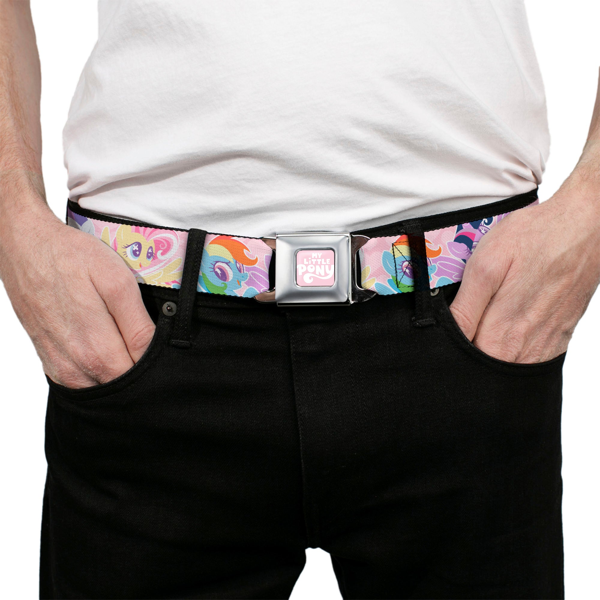 MY LITTLE PONY Title Logo Full Color Pink/White Seatbelt Belt - My Litlle Pony Five Pony Poses Pink Webbing Seatbelt Belts My Little Pony