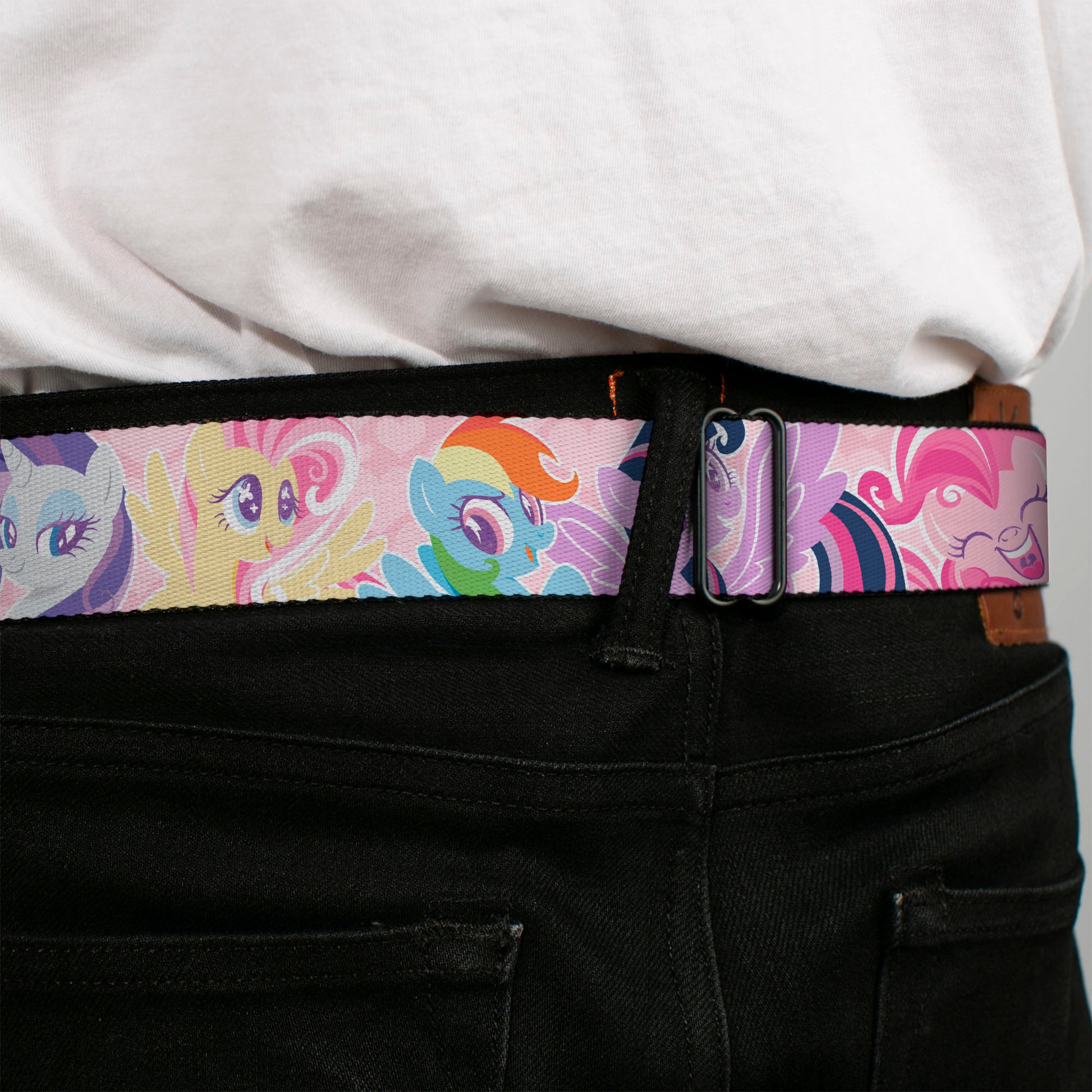 MY LITTLE PONY Title Logo Full Color Pink/White Seatbelt Belt - My Litlle Pony Five Pony Poses Pink Webbing Seatbelt Belts My Little Pony
