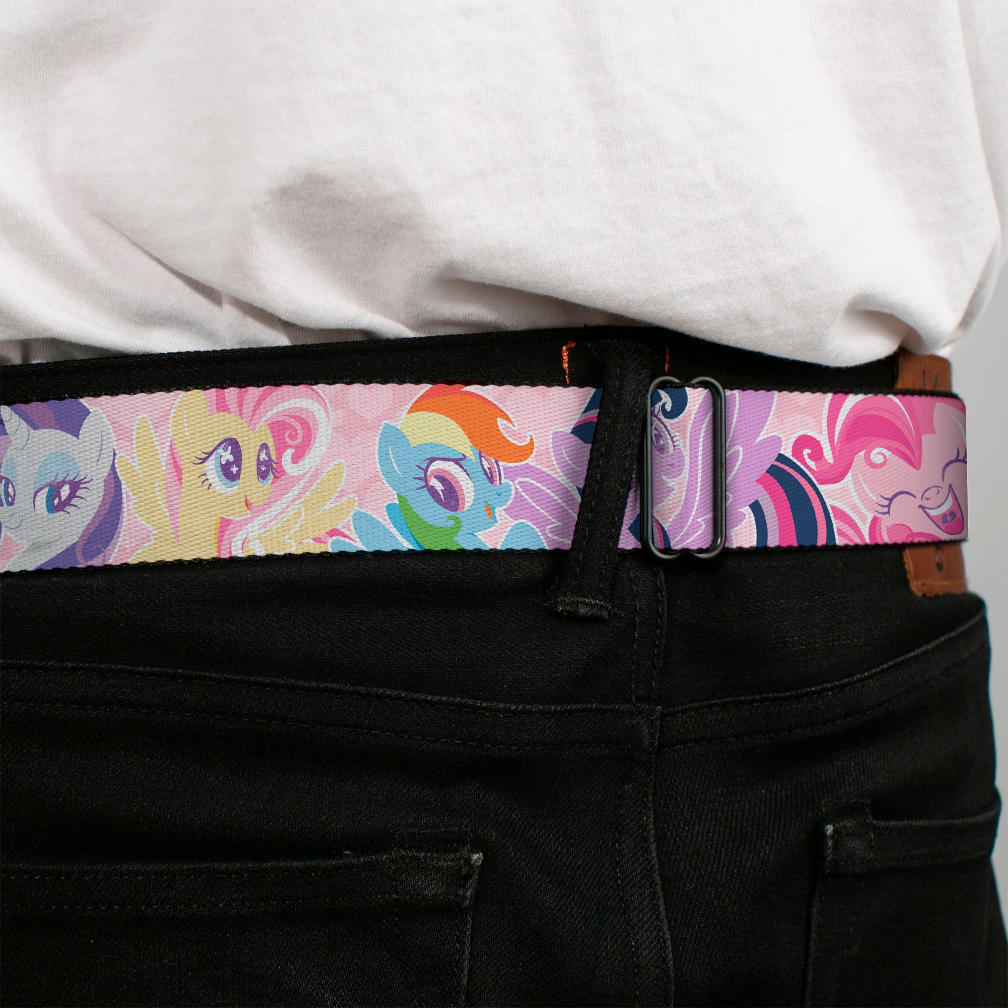 MY LITTLE PONY Title Logo Full Color Pink/White Seatbelt Belt - My Litlle Pony Five Pony Poses Pink Webbing Seatbelt Belts My Little Pony