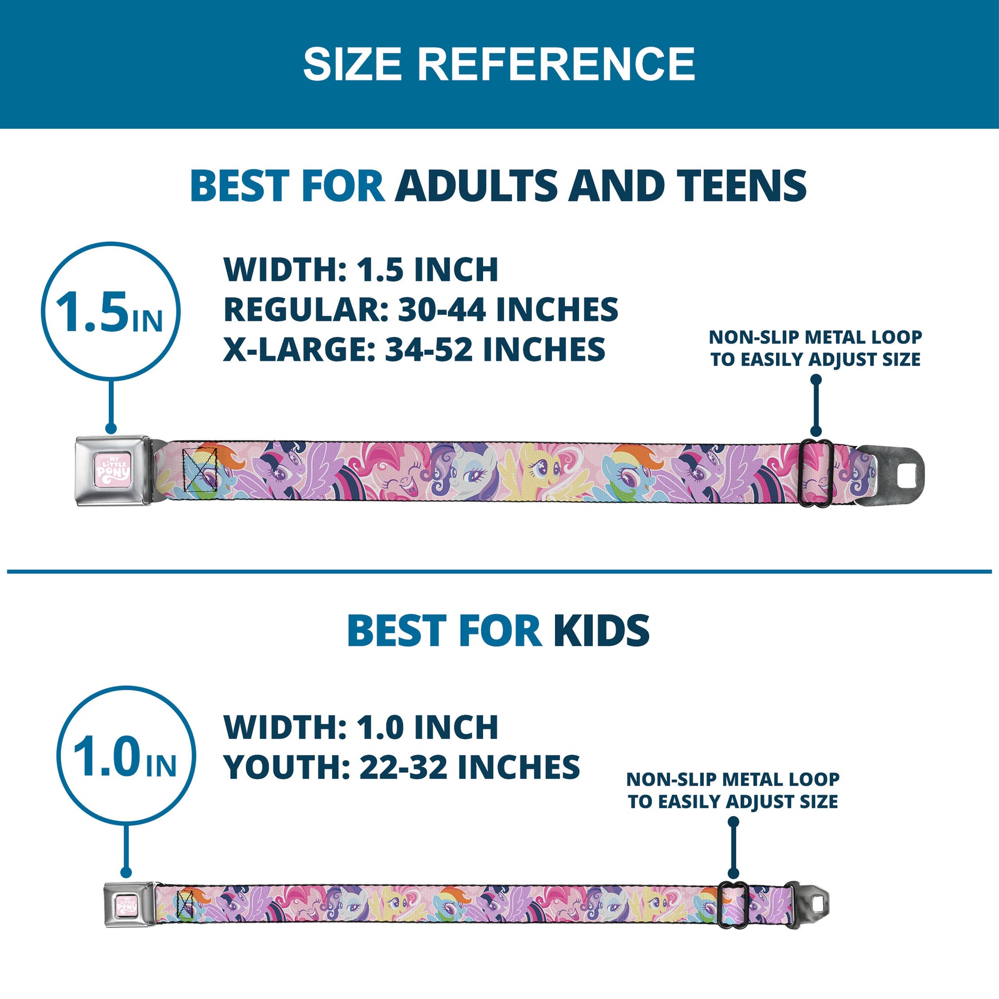 MY LITTLE PONY Title Logo Full Color Pink/White Seatbelt Belt - My Litlle Pony Five Pony Poses Pink Webbing Seatbelt Belts My Little Pony