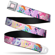 MY LITTLE PONY Title Logo Full Color Pink/White Seatbelt Belt - My Litlle Pony Five Pony Poses Pink Webbing