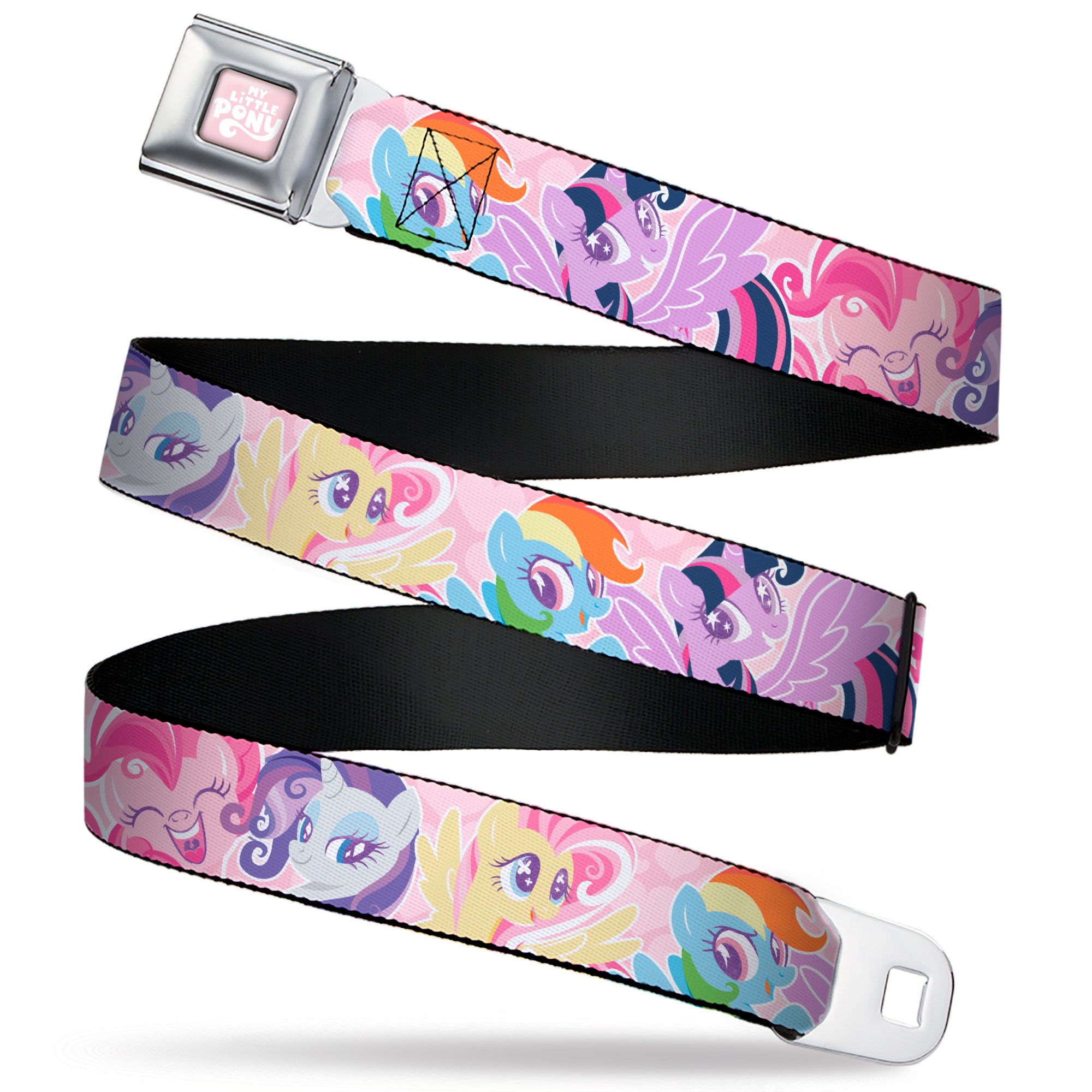 MY LITTLE PONY Title Logo Full Color Pink/White Seatbelt Belt - My Litlle Pony Five Pony Poses Pink Webbing
