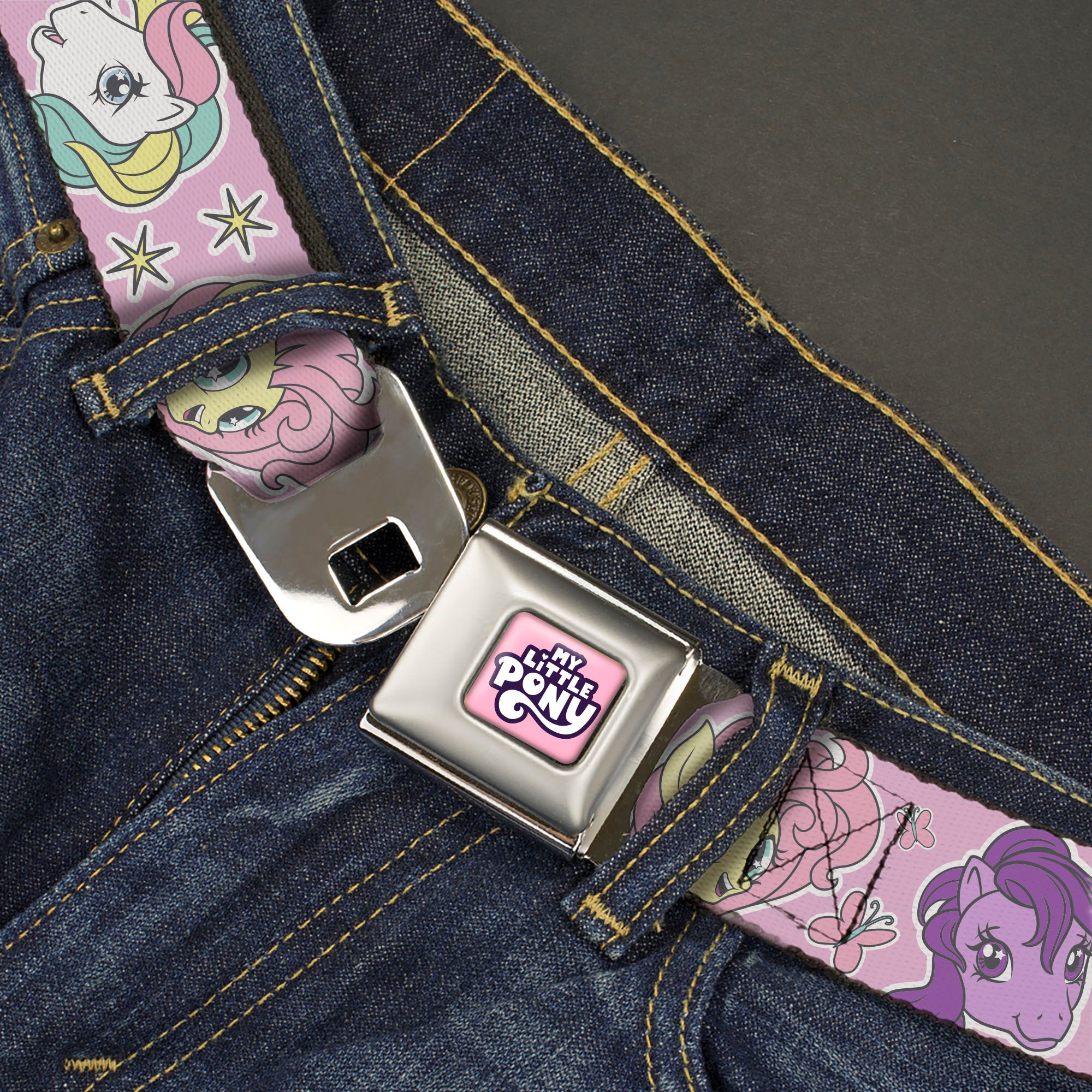 MY LITTLE PONY Title Logo Full Color Pinks/Purples/White Seatbelt Belt - My Little Pony Generations Five Pony Faces and Cutie Marks Pink Webbing Seatbelt Belts My Little Pony