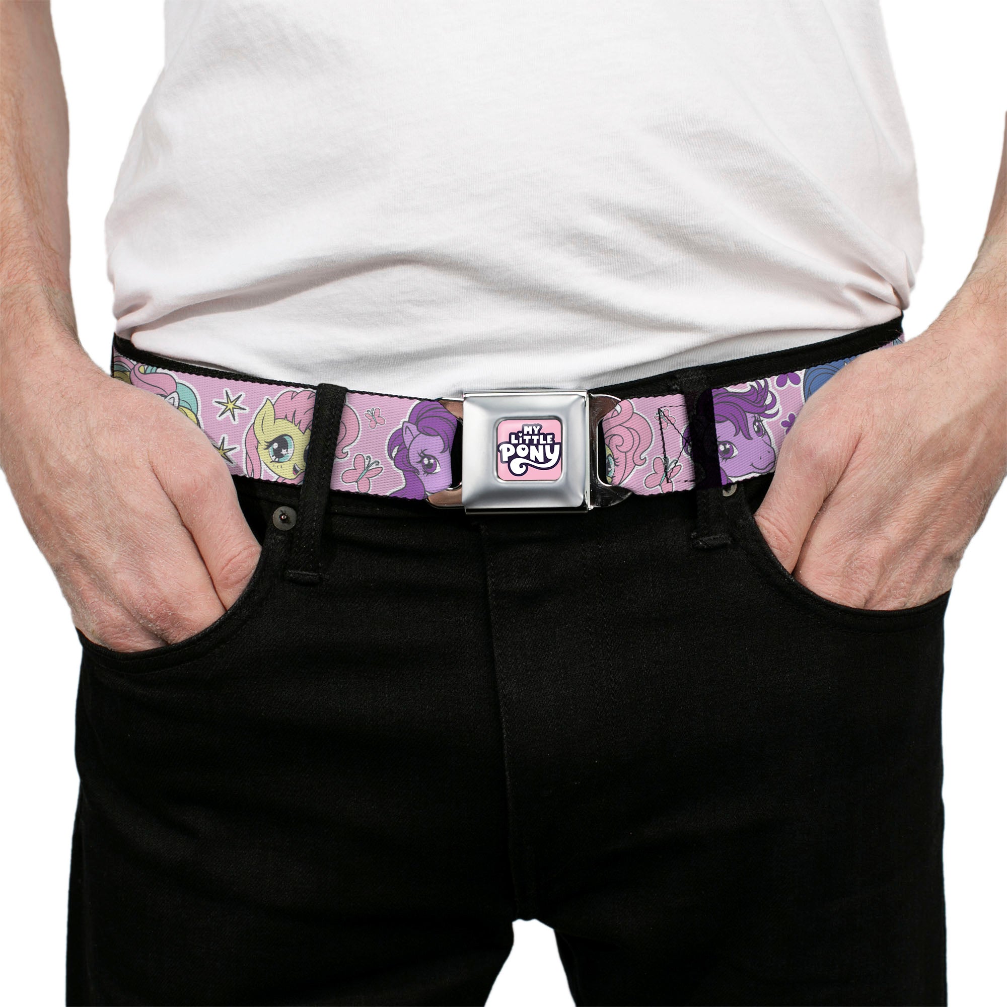 MY LITTLE PONY Title Logo Full Color Pinks/Purples/White Seatbelt Belt - My Little Pony Generations Five Pony Faces and Cutie Marks Pink Webbing Seatbelt Belts My Little Pony