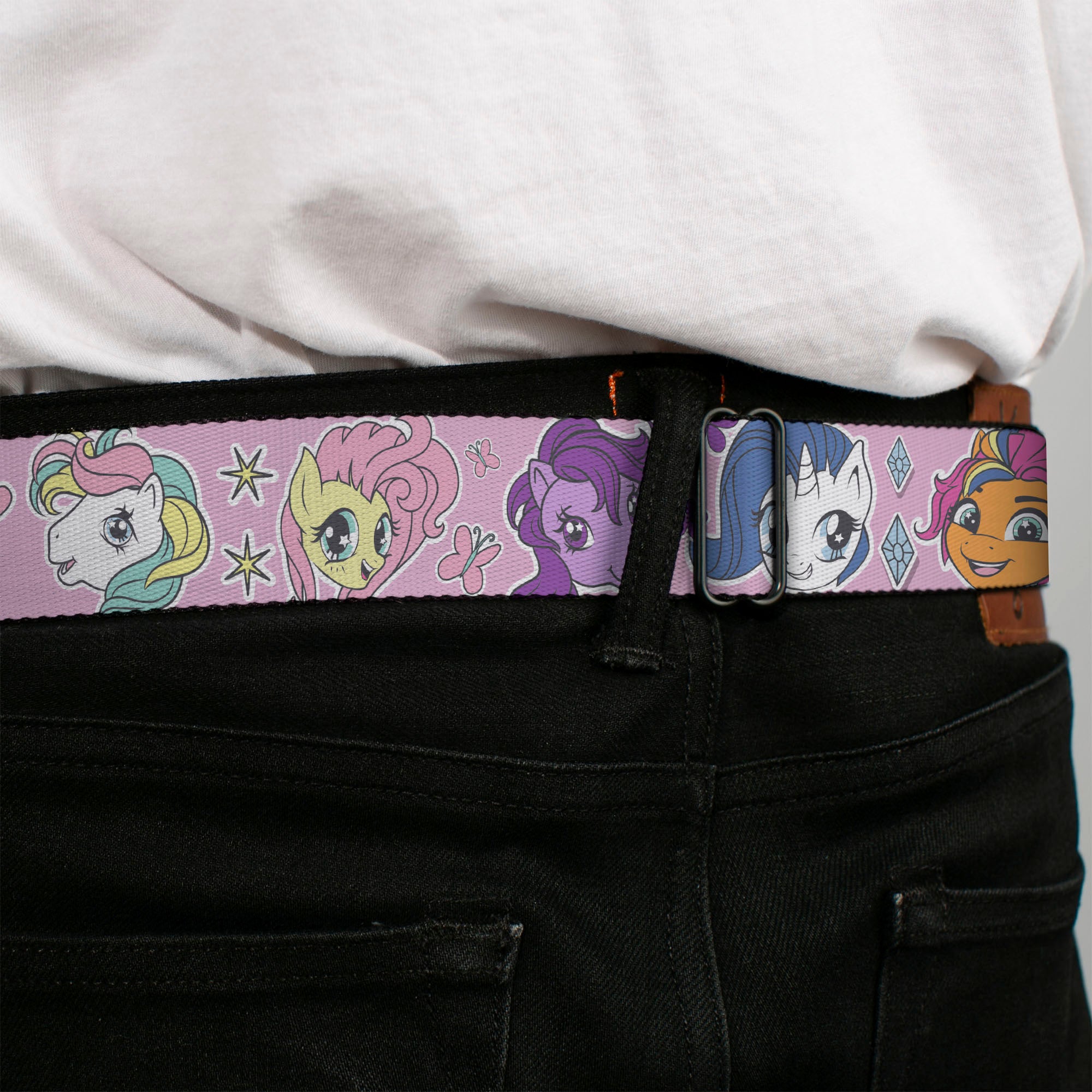 MY LITTLE PONY Title Logo Full Color Pinks/Purples/White Seatbelt Belt - My Little Pony Generations Five Pony Faces and Cutie Marks Pink Webbing Seatbelt Belts My Little Pony