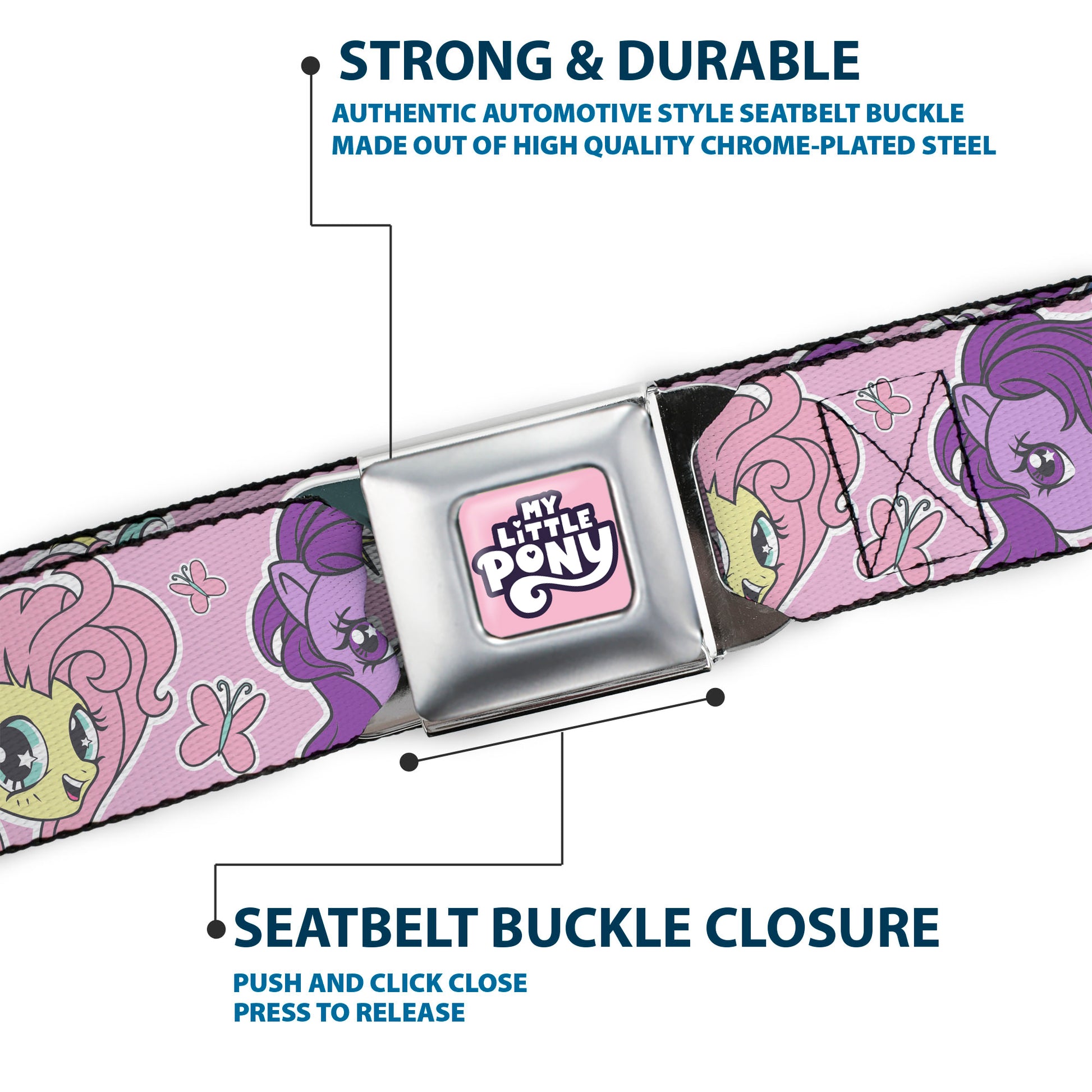 MY LITTLE PONY Title Logo Full Color Pinks/Purples/White Seatbelt Belt - My Little Pony Generations Five Pony Faces and Cutie Marks Pink Webbing Seatbelt Belts My Little Pony