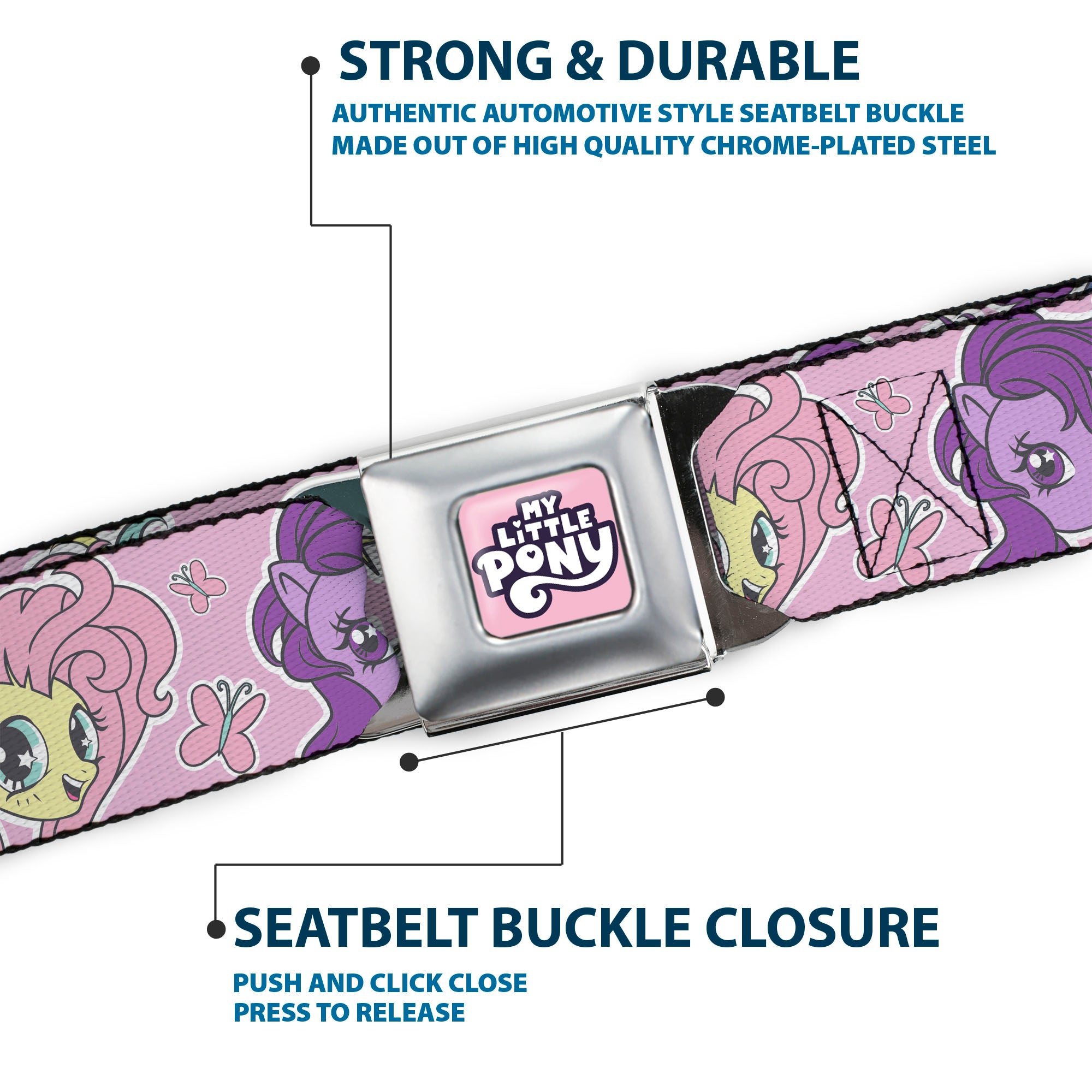 MY LITTLE PONY Title Logo Full Color Pinks/Purples/White Seatbelt Belt - My Little Pony Generations Five Pony Faces and Cutie Marks Pink Webbing Seatbelt Belts My Little Pony