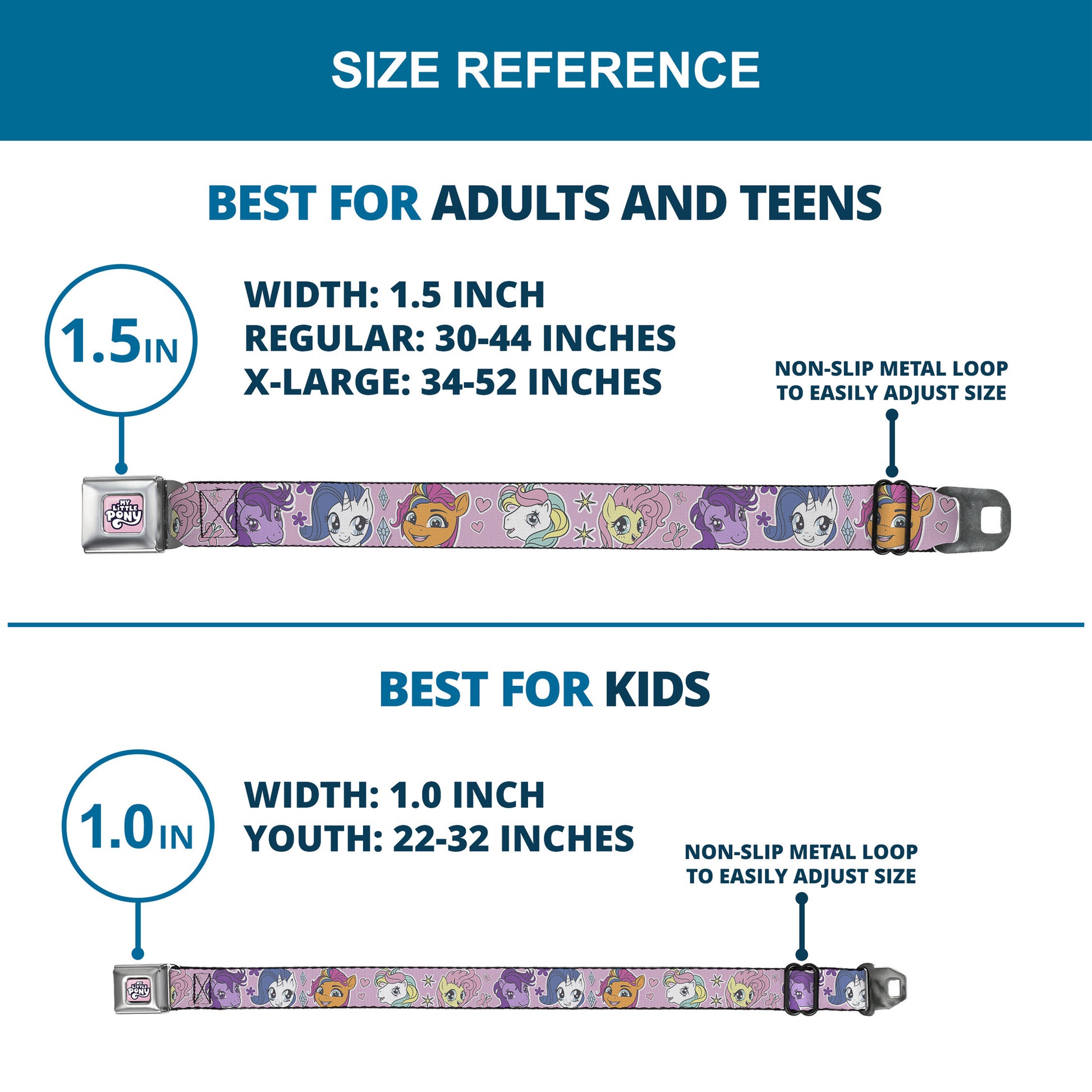 MY LITTLE PONY Title Logo Full Color Pinks/Purples/White Seatbelt Belt - My Little Pony Generations Five Pony Faces and Cutie Marks Pink Webbing Seatbelt Belts My Little Pony