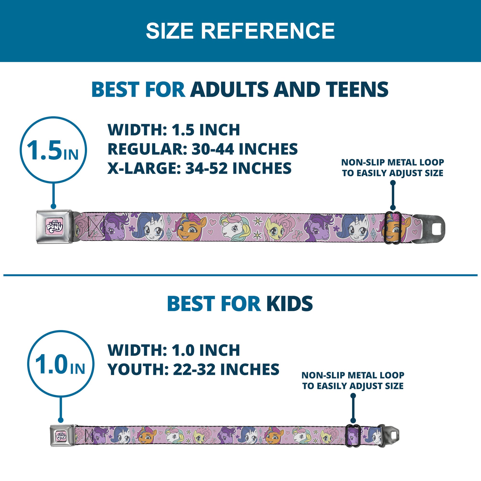 MY LITTLE PONY Title Logo Full Color Pinks/Purples/White Seatbelt Belt - My Little Pony Generations Five Pony Faces and Cutie Marks Pink Webbing Seatbelt Belts My Little Pony