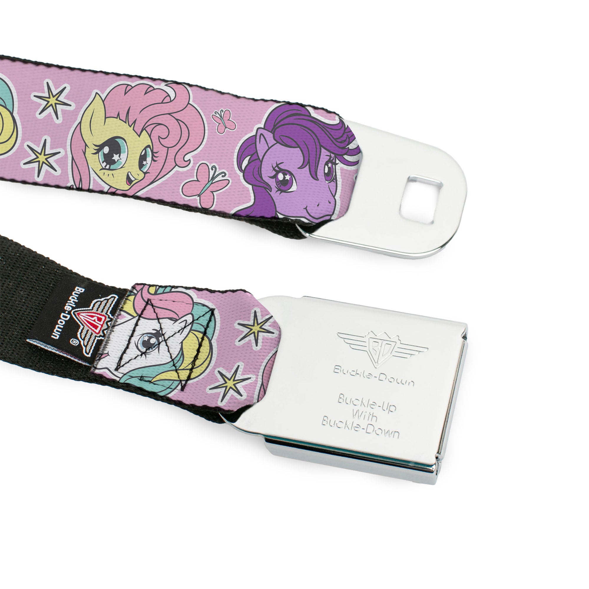 MY LITTLE PONY Title Logo Full Color Pinks/Purples/White Seatbelt Belt - My Little Pony Generations Five Pony Faces and Cutie Marks Pink Webbing Seatbelt Belts My Little Pony