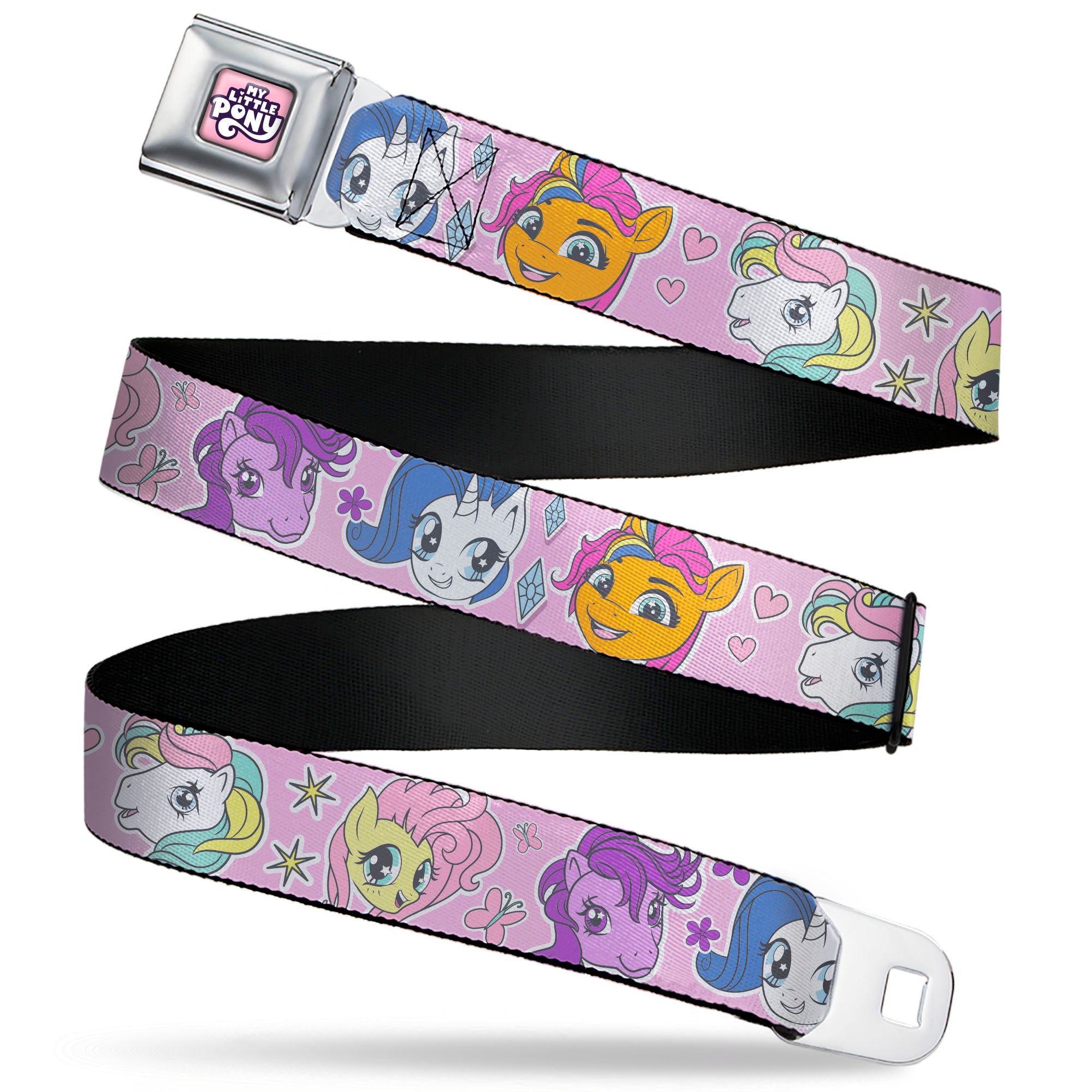 MY LITTLE PONY Title Logo Full Color Pinks/Purples/White Seatbelt Belt - My Little Pony Generations Five Pony Faces and Cutie Marks Pink Webbing Seatbelt Belts My Little Pony