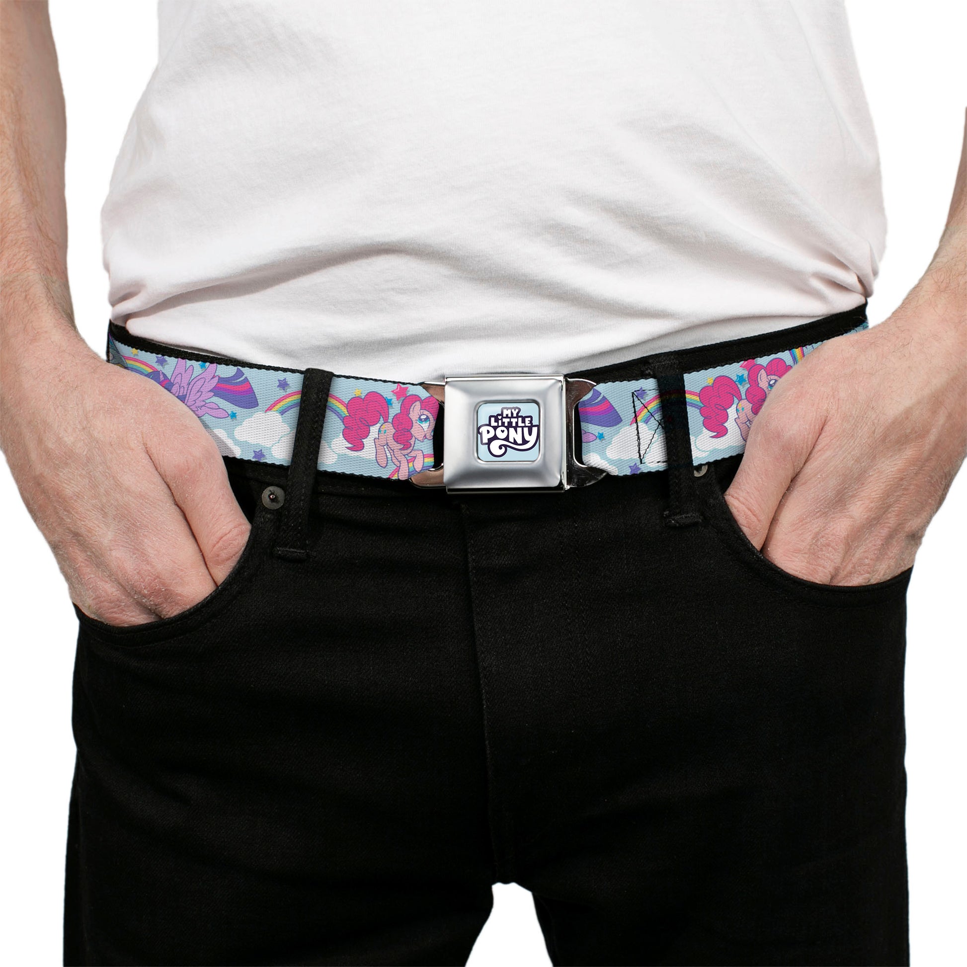 My Little Pony 4-Pony Group Pose and Rainbows Full Color Sky Blue Seatbelt Belt - MY LITTLE PONY Title Logo Full Color Sky Blue Webbing Seatbelt Belts My Little Pony
