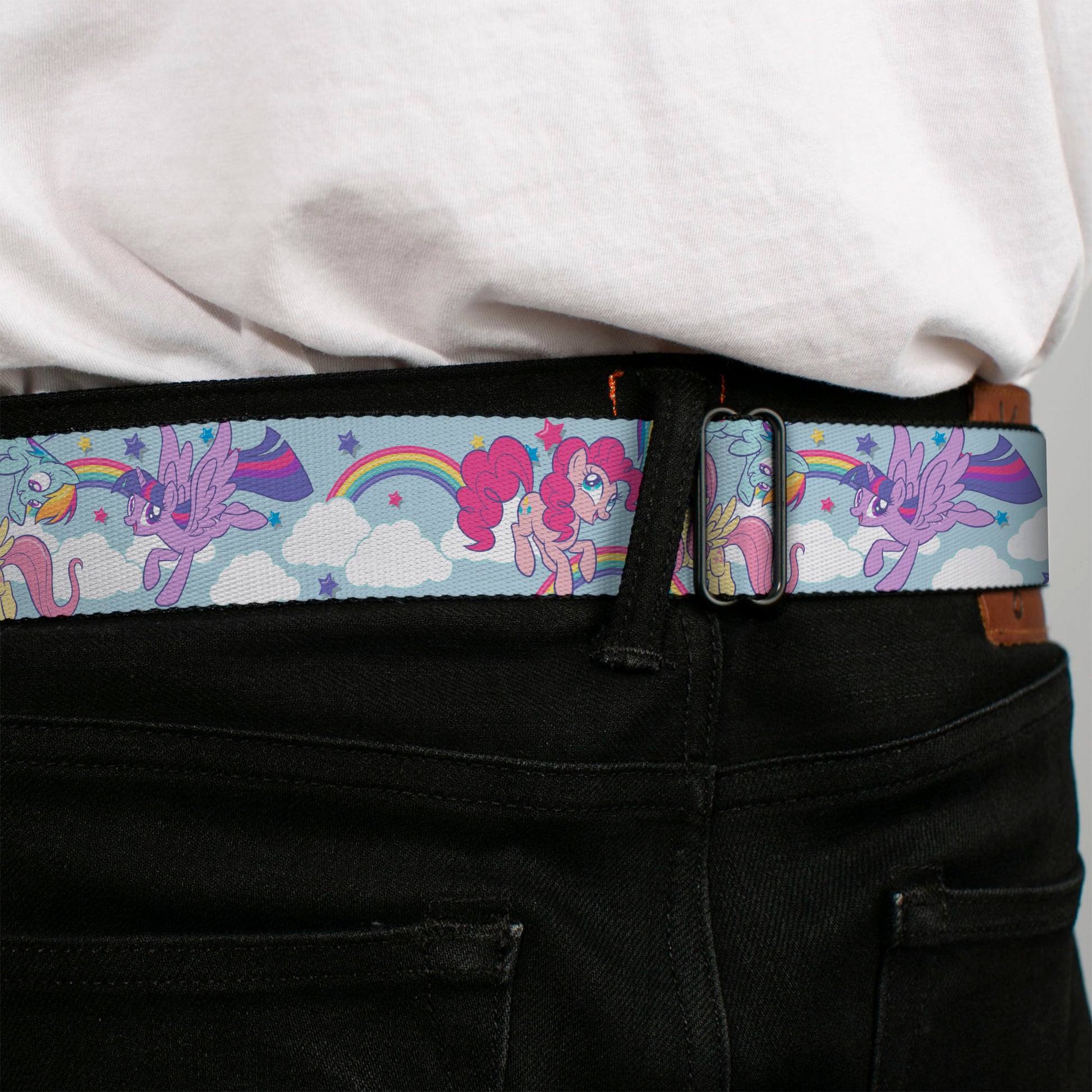 My Little Pony 4-Pony Group Pose and Rainbows Full Color Sky Blue Seatbelt Belt - MY LITTLE PONY Title Logo Full Color Sky Blue Webbing Seatbelt Belts My Little Pony