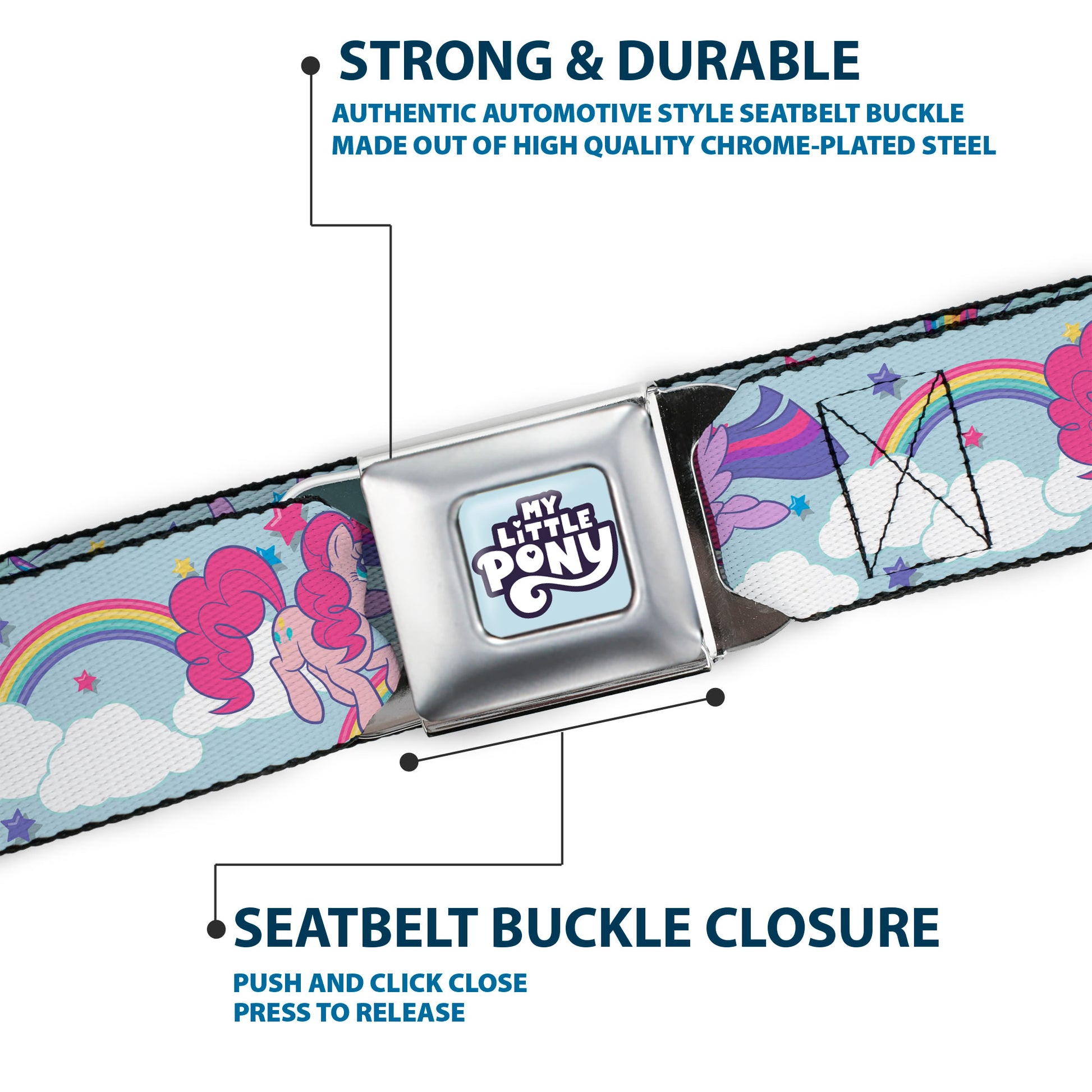 My Little Pony 4-Pony Group Pose and Rainbows Full Color Sky Blue Seatbelt Belt - MY LITTLE PONY Title Logo Full Color Sky Blue Webbing Seatbelt Belts My Little Pony