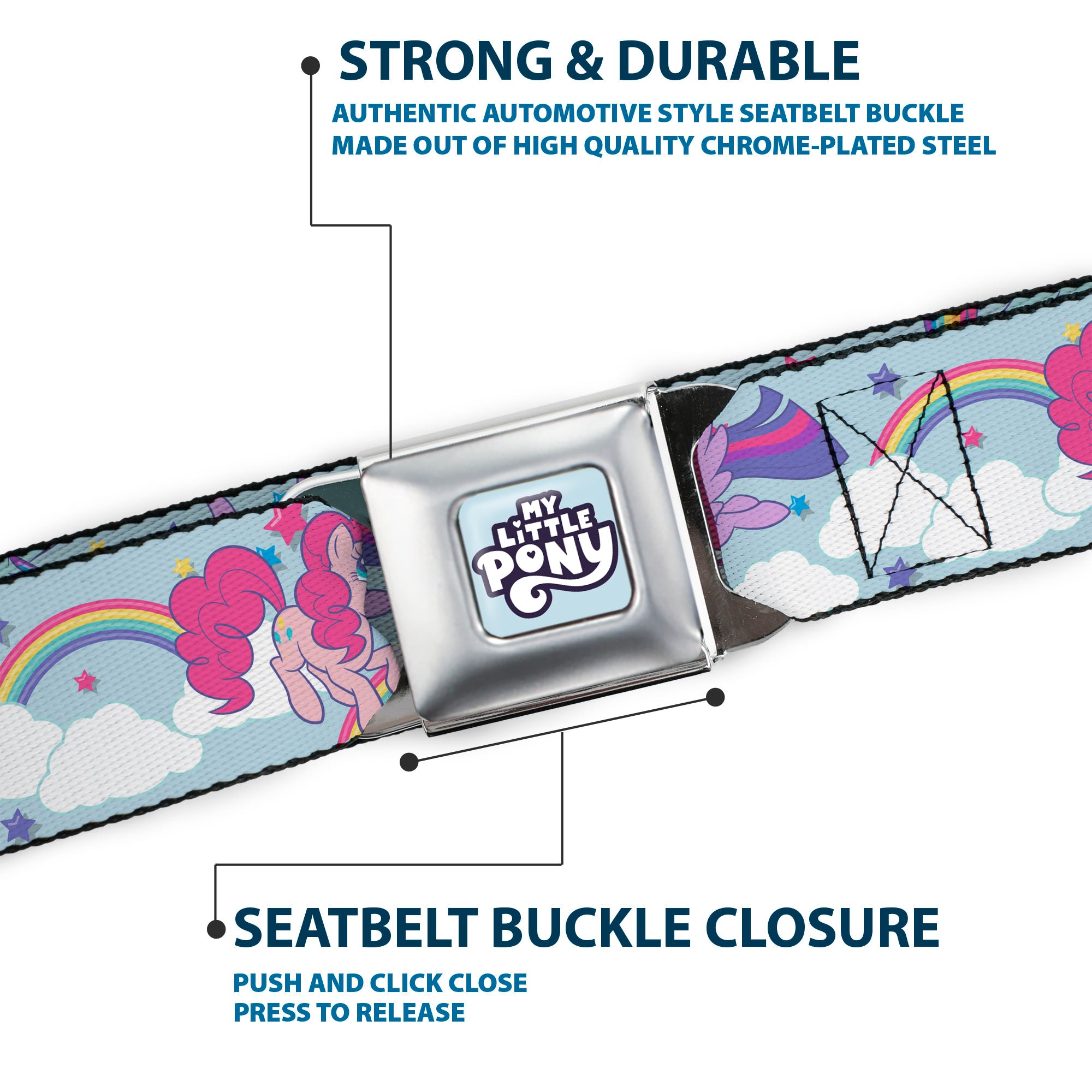 My Little Pony 4-Pony Group Pose and Rainbows Full Color Sky Blue Seatbelt Belt - MY LITTLE PONY Title Logo Full Color Sky Blue Webbing Seatbelt Belts My Little Pony