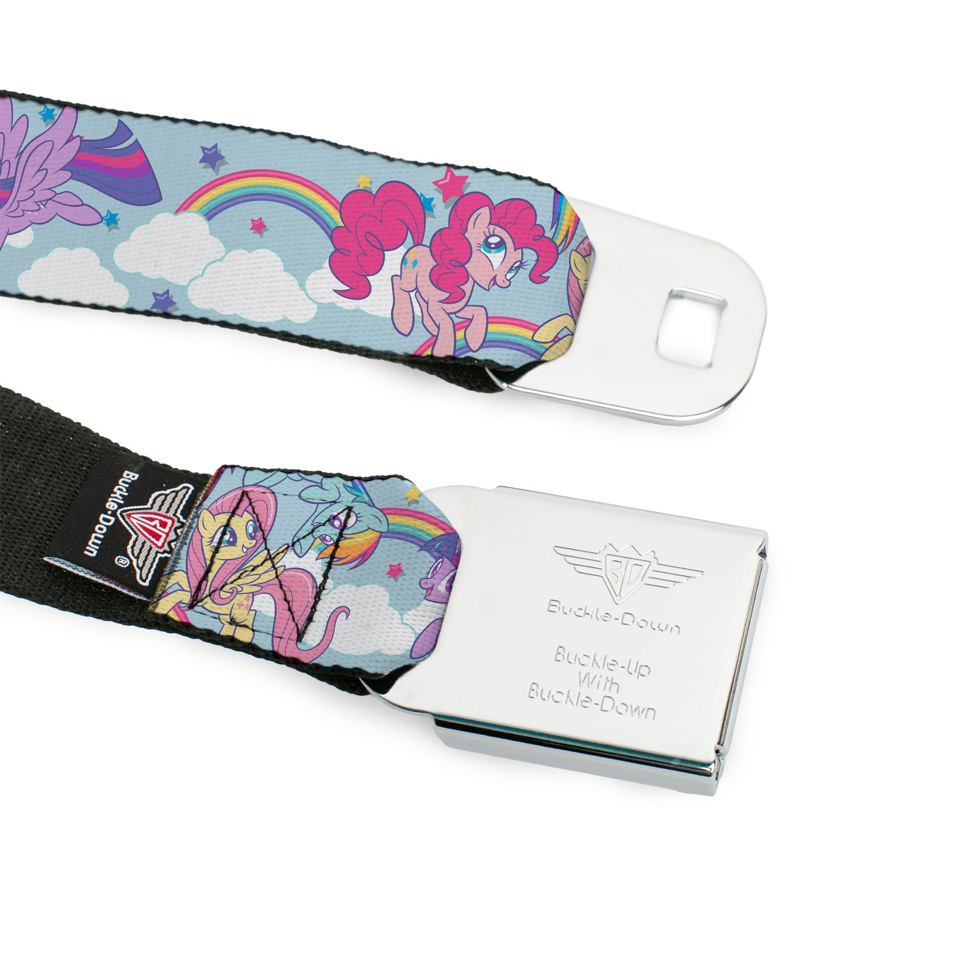 My Little Pony 4-Pony Group Pose and Rainbows Full Color Sky Blue Seatbelt Belt - MY LITTLE PONY Title Logo Full Color Sky Blue Webbing Seatbelt Belts My Little Pony