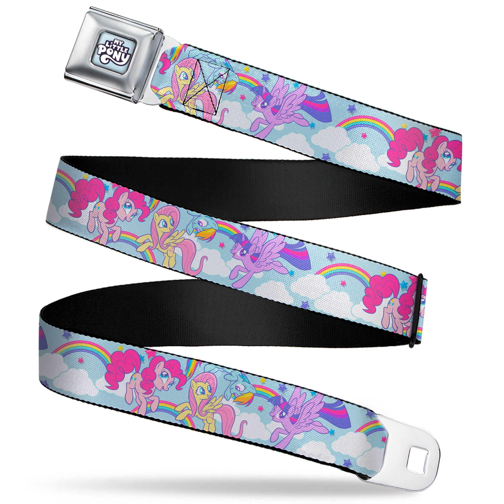 My Little Pony 4-Pony Group Pose and Rainbows Full Color Sky Blue Seatbelt Belt - MY LITTLE PONY Title Logo Full Color Sky Blue Webbing Seatbelt Belts My Little Pony
