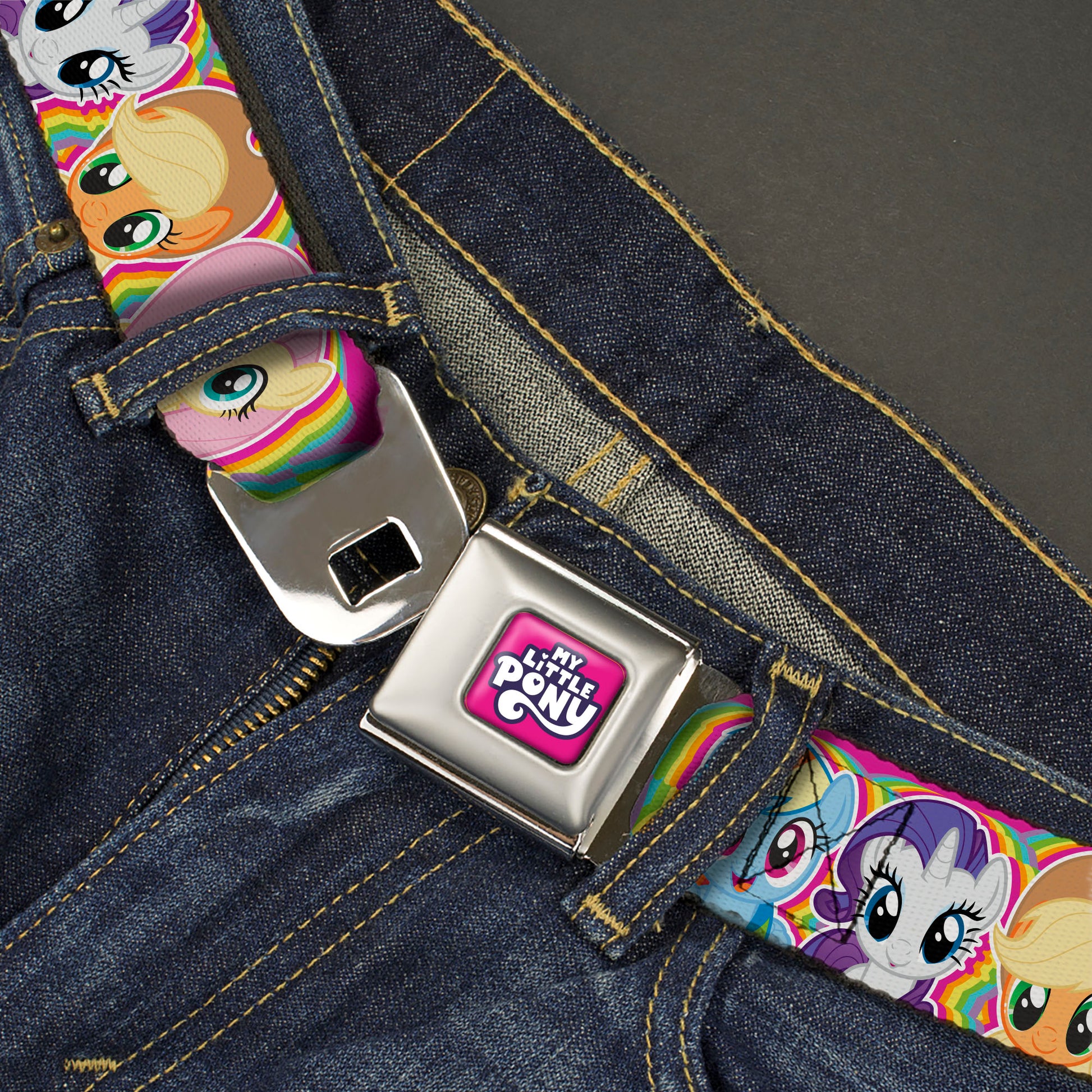 MY LITTLE PONY Title Logo Full Color Pink/Purple/White Seatbelt Belt - My Little Pony Four Pony Close-Up Faces Pink/Multi Color Webbing Seatbelt Belts My Little Pony
