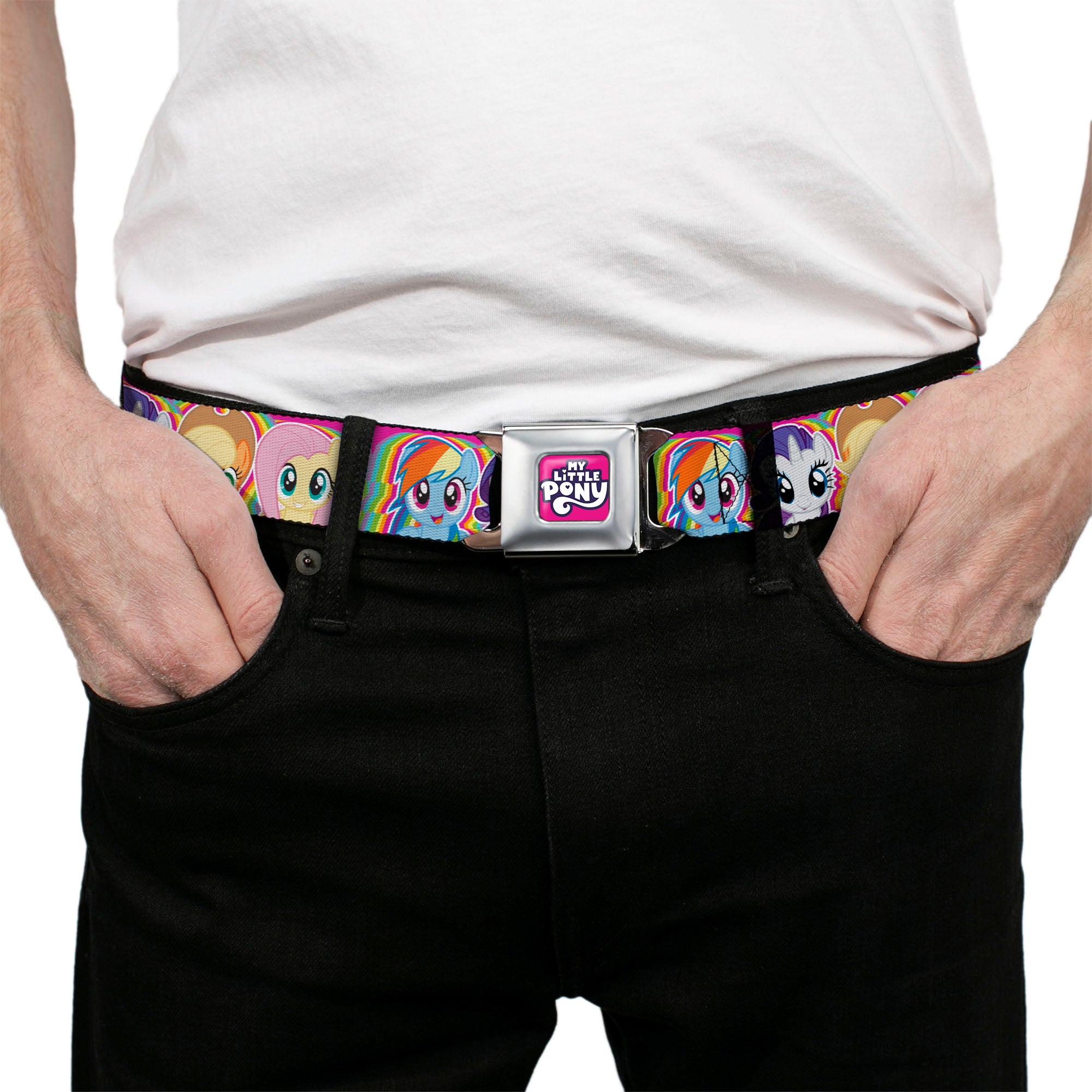 MY LITTLE PONY Title Logo Full Color Pink/Purple/White Seatbelt Belt - My Little Pony Four Pony Close-Up Faces Pink/Multi Color Webbing Seatbelt Belts My Little Pony