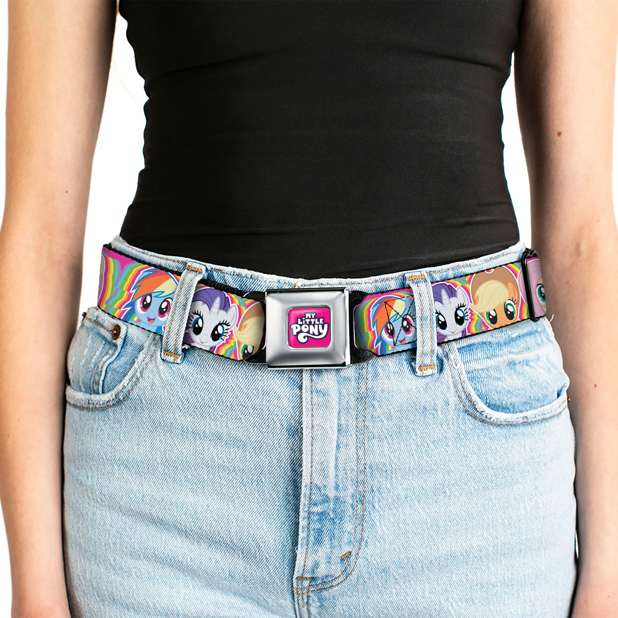 MY LITTLE PONY Title Logo Full Color Pink/Purple/White Seatbelt Belt - My Little Pony Four Pony Close-Up Faces Pink/Multi Color Webbing Seatbelt Belts My Little Pony