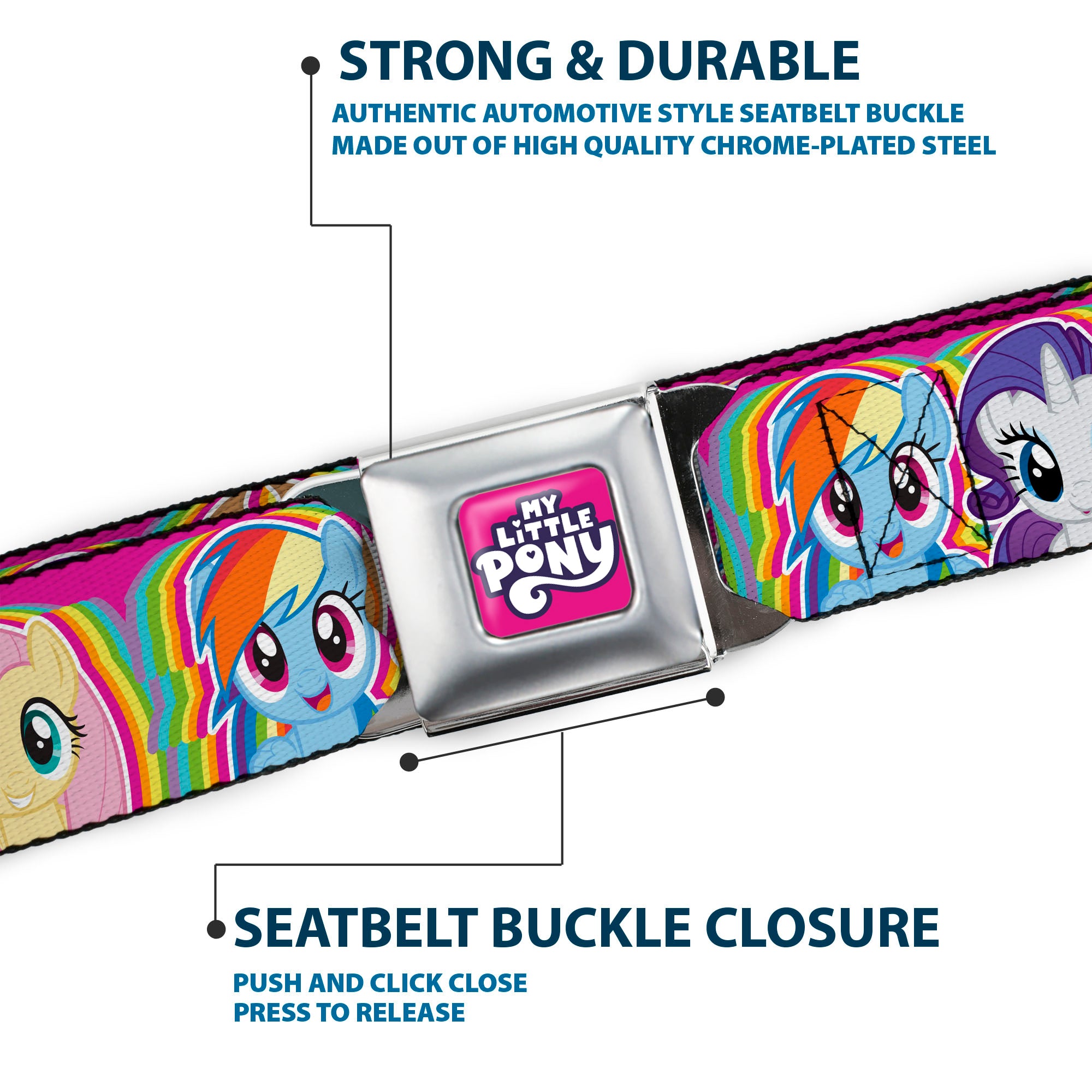 MY LITTLE PONY Title Logo Full Color Pink/Purple/White Seatbelt Belt - My Little Pony Four Pony Close-Up Faces Pink/Multi Color Webbing Seatbelt Belts My Little Pony