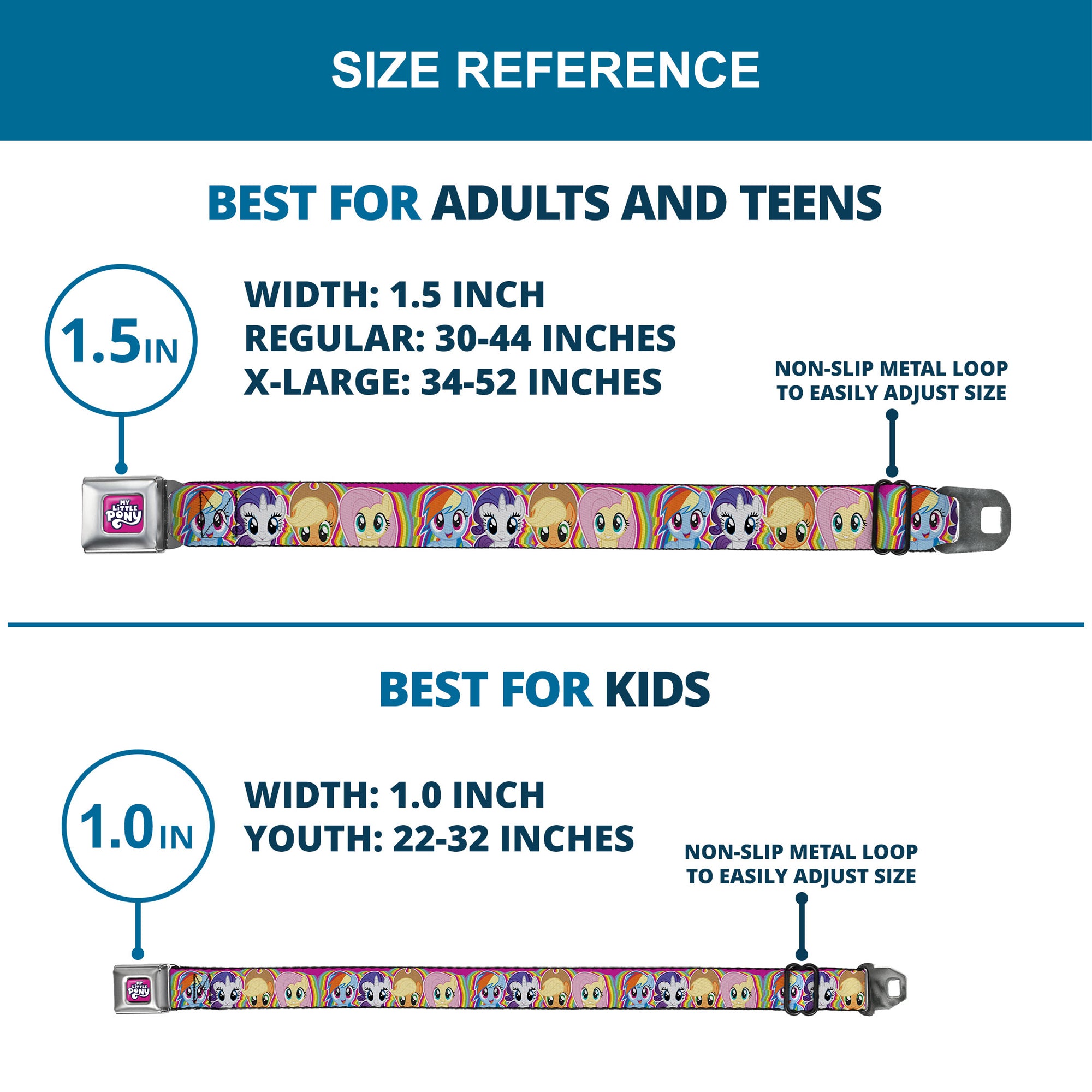 MY LITTLE PONY Title Logo Full Color Pink/Purple/White Seatbelt Belt - My Little Pony Four Pony Close-Up Faces Pink/Multi Color Webbing Seatbelt Belts My Little Pony