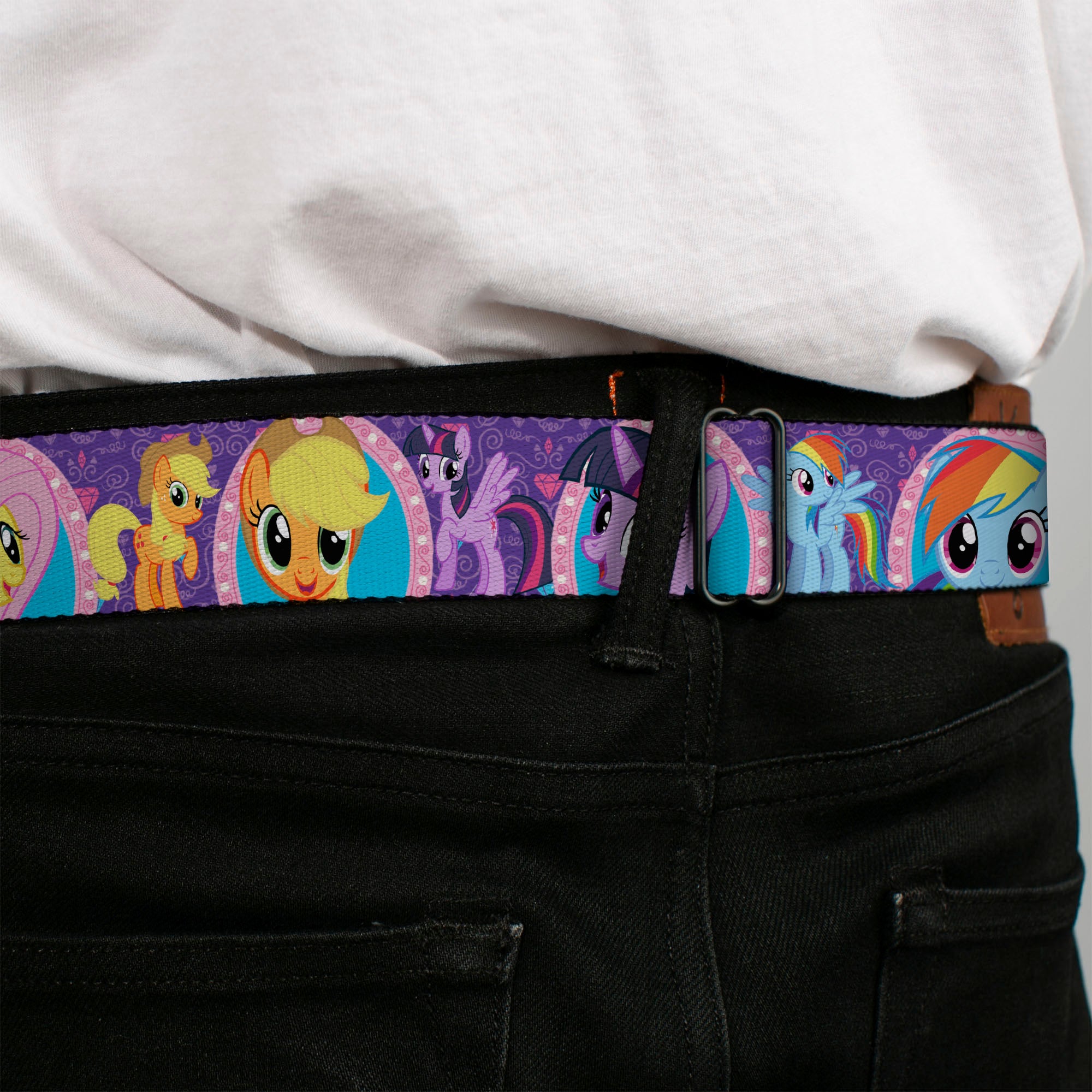 MY LITTLE PONY Title Logo Full Color Black/Purple/White Seatbelt Belt - My Little Pony Mane Six Close-Up Faces and Poses Purples/Pinks Webbing Seatbelt Belts My Little Pony