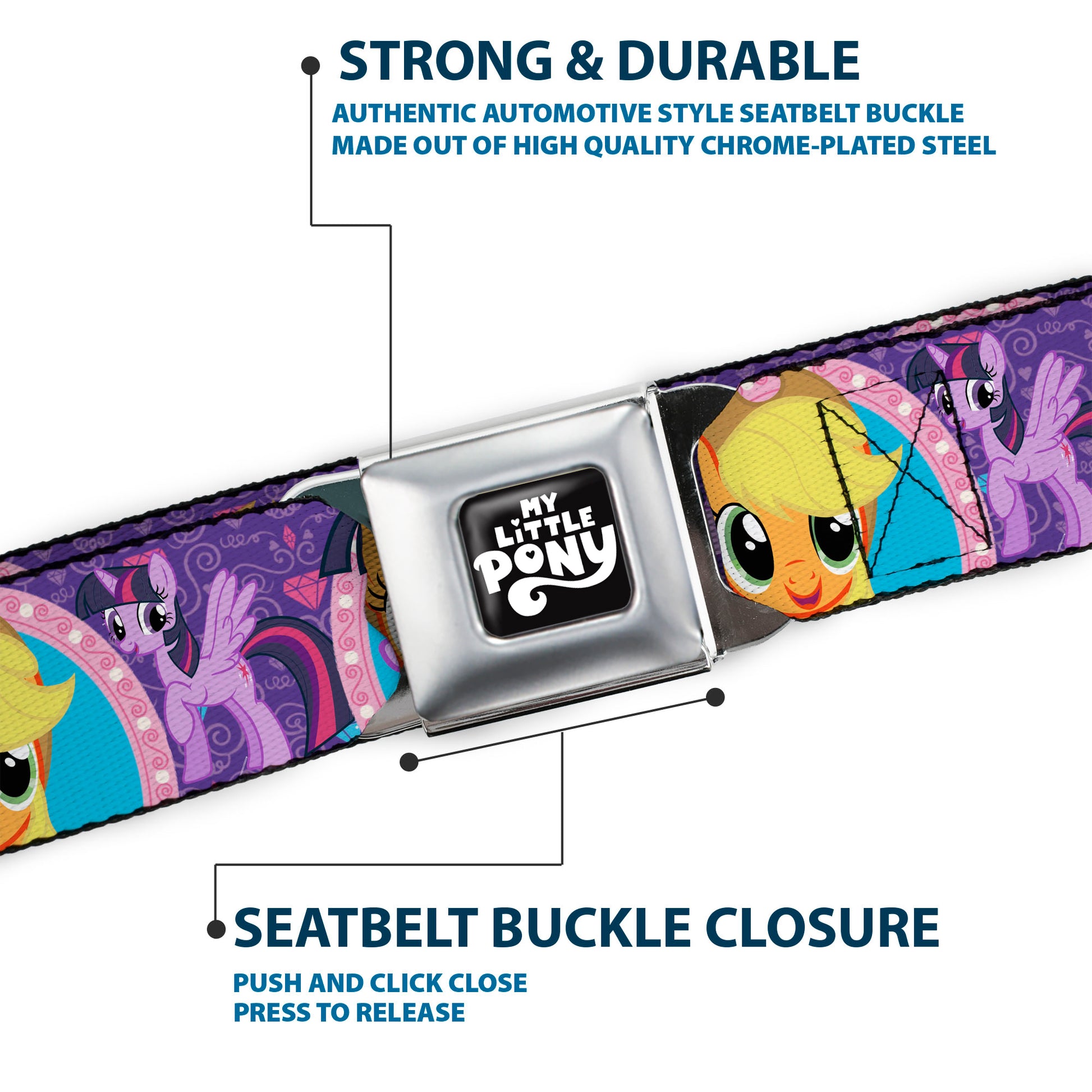 MY LITTLE PONY Title Logo Full Color Black/Purple/White Seatbelt Belt - My Little Pony Mane Six Close-Up Faces and Poses Purples/Pinks Webbing Seatbelt Belts My Little Pony