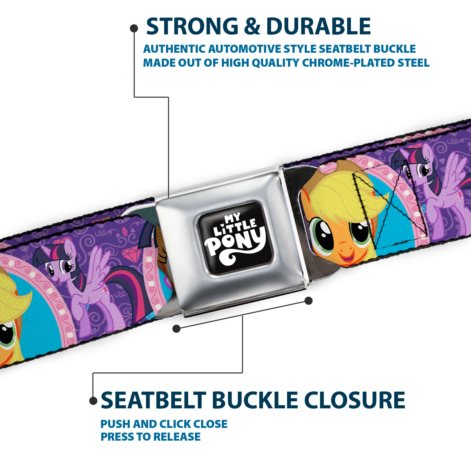 MY LITTLE PONY Title Logo Full Color Black/Purple/White Seatbelt Belt - My Little Pony Mane Six Close-Up Faces and Poses Purples/Pinks Webbing Seatbelt Belts My Little Pony