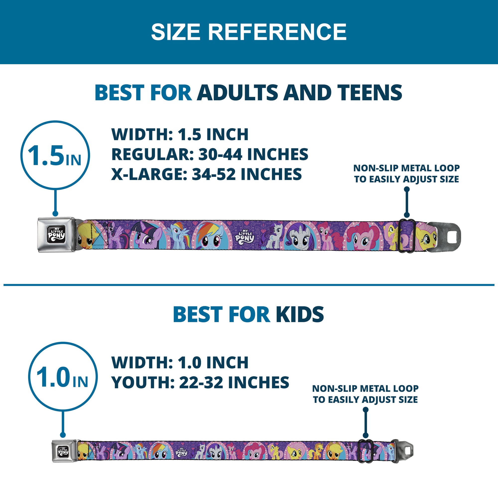 MY LITTLE PONY Title Logo Full Color Black/Purple/White Seatbelt Belt - My Little Pony Mane Six Close-Up Faces and Poses Purples/Pinks Webbing Seatbelt Belts My Little Pony