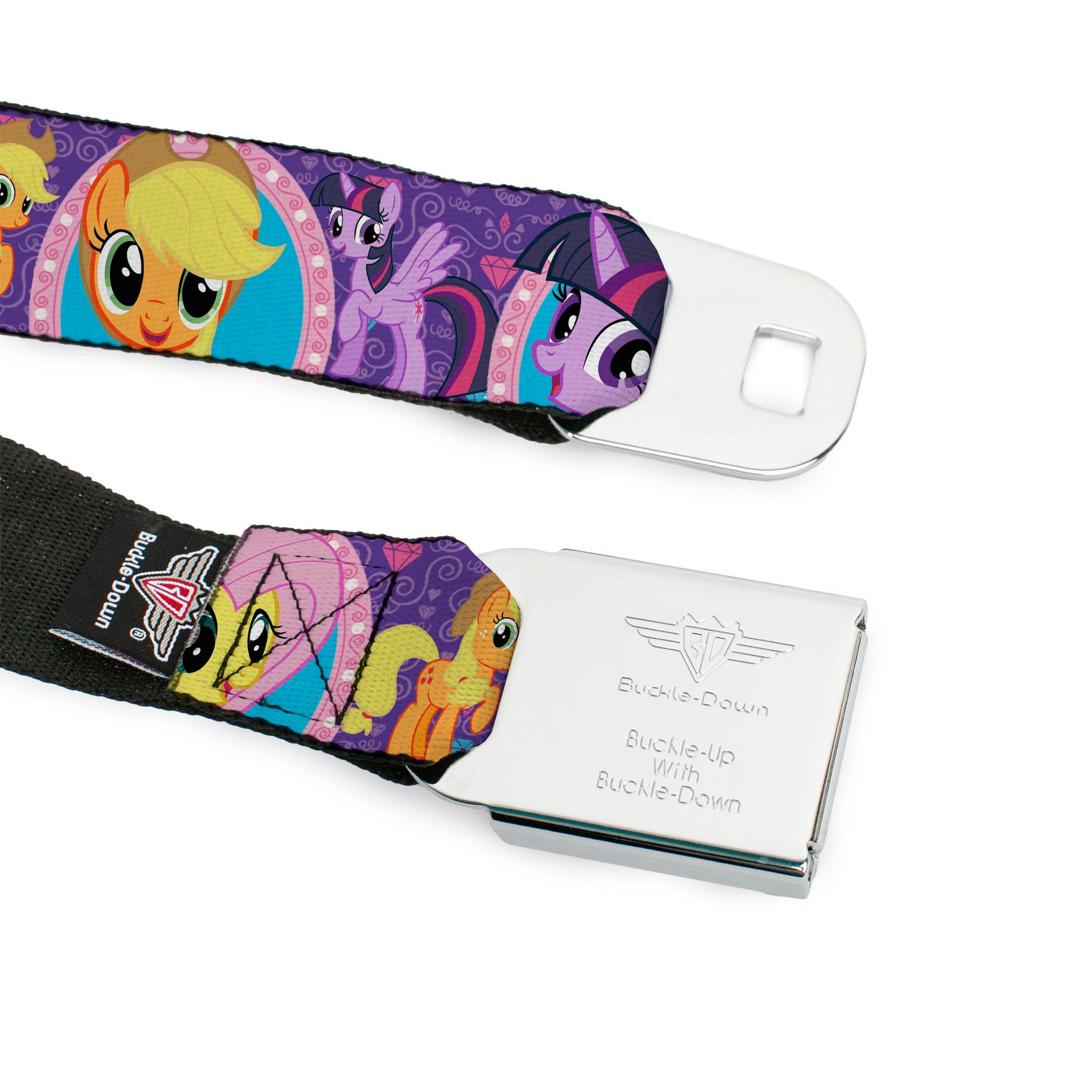 MY LITTLE PONY Title Logo Full Color Black/Purple/White Seatbelt Belt - My Little Pony Mane Six Close-Up Faces and Poses Purples/Pinks Webbing Seatbelt Belts My Little Pony