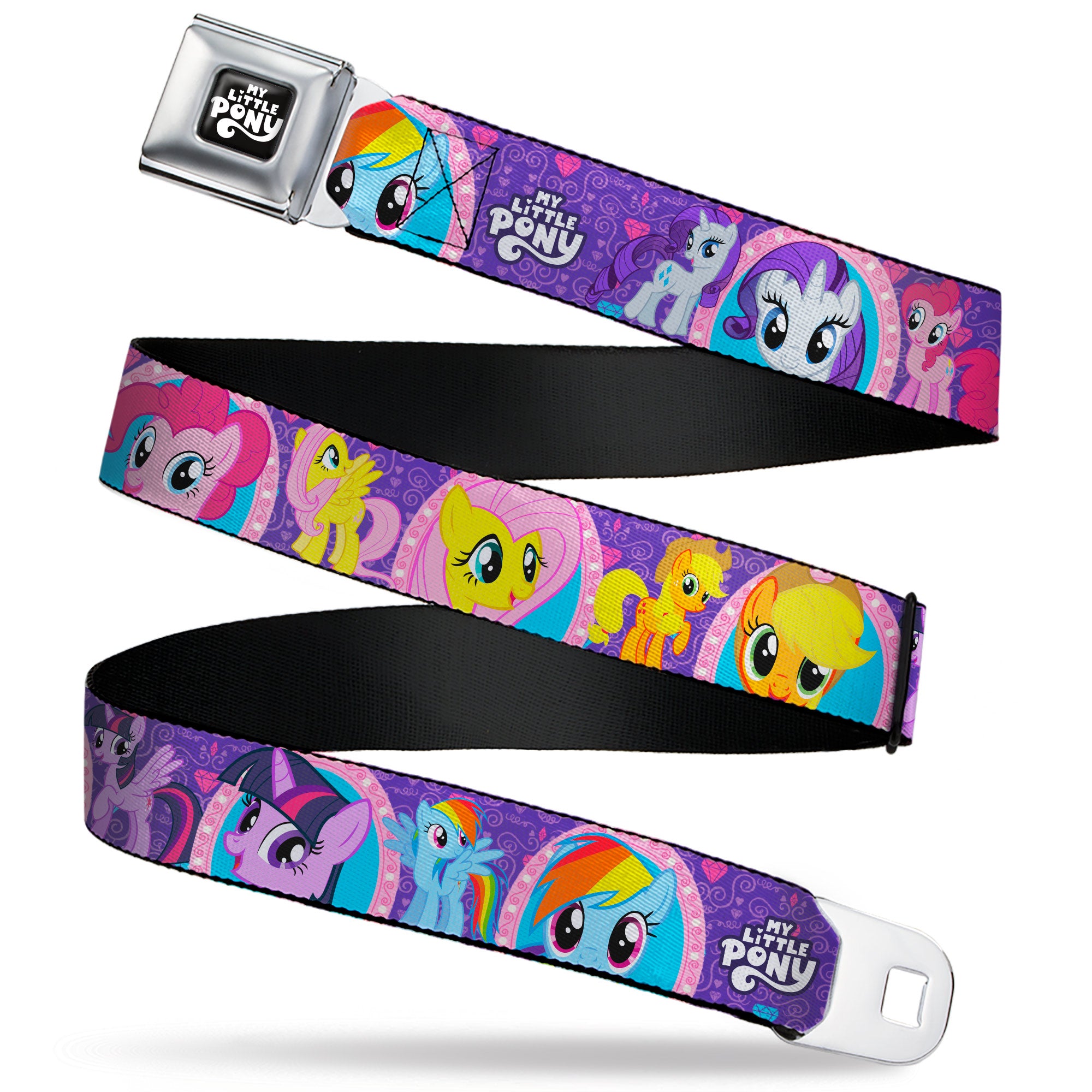 MY LITTLE PONY Title Logo Full Color Black/Purple/White Seatbelt Belt - My Little Pony Mane Six Close-Up Faces and Poses Purples/Pinks Webbing Seatbelt Belts My Little Pony