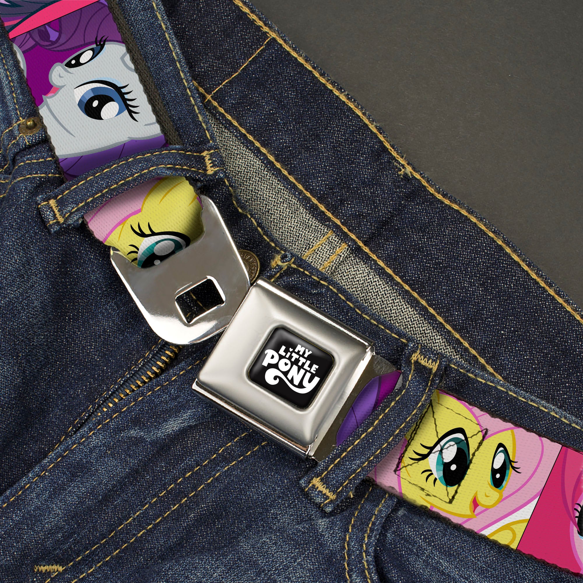 MY LITTLE PONY Title Logo Full Color Black/Purple/White Seatbelt Belt - My Little Pony Mane Six Close-Up Face Blocks Multi Color Webbing Seatbelt Belts My Little Pony