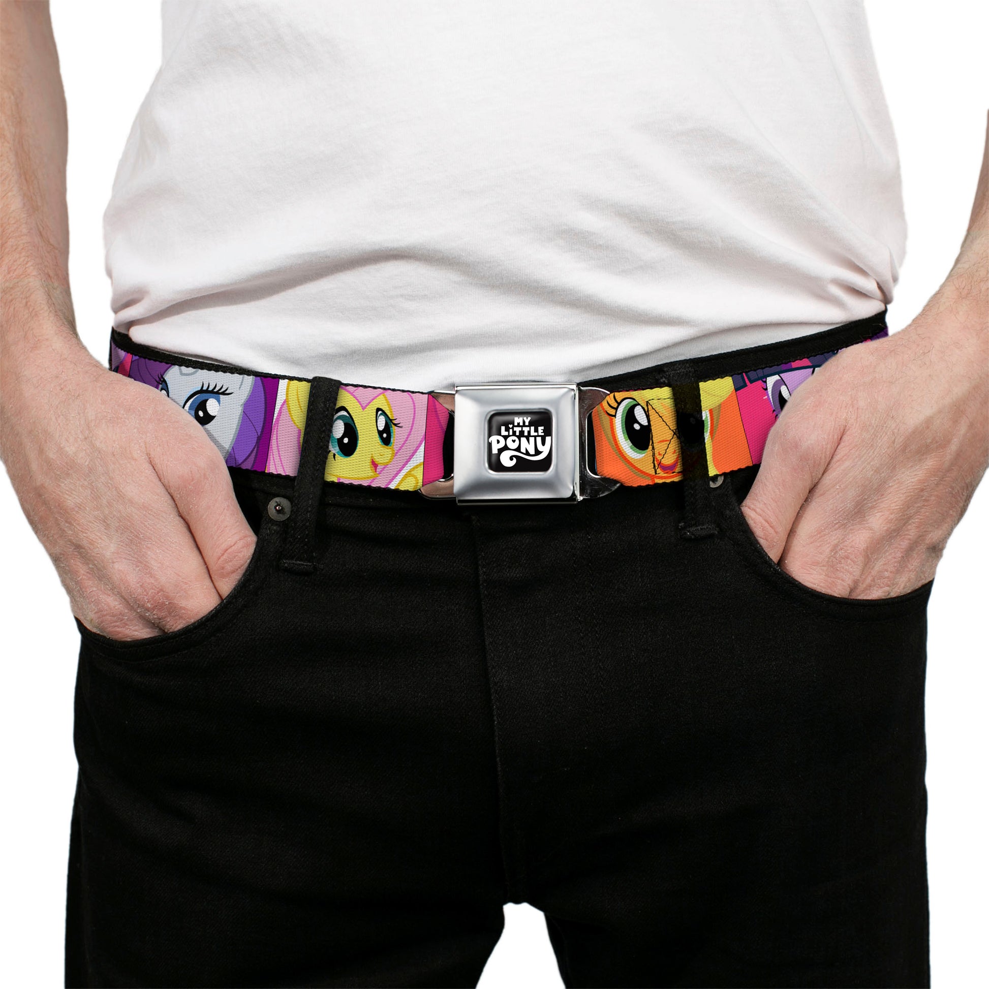 MY LITTLE PONY Title Logo Full Color Black/Purple/White Seatbelt Belt - My Little Pony Mane Six Close-Up Face Blocks Multi Color Webbing Seatbelt Belts My Little Pony