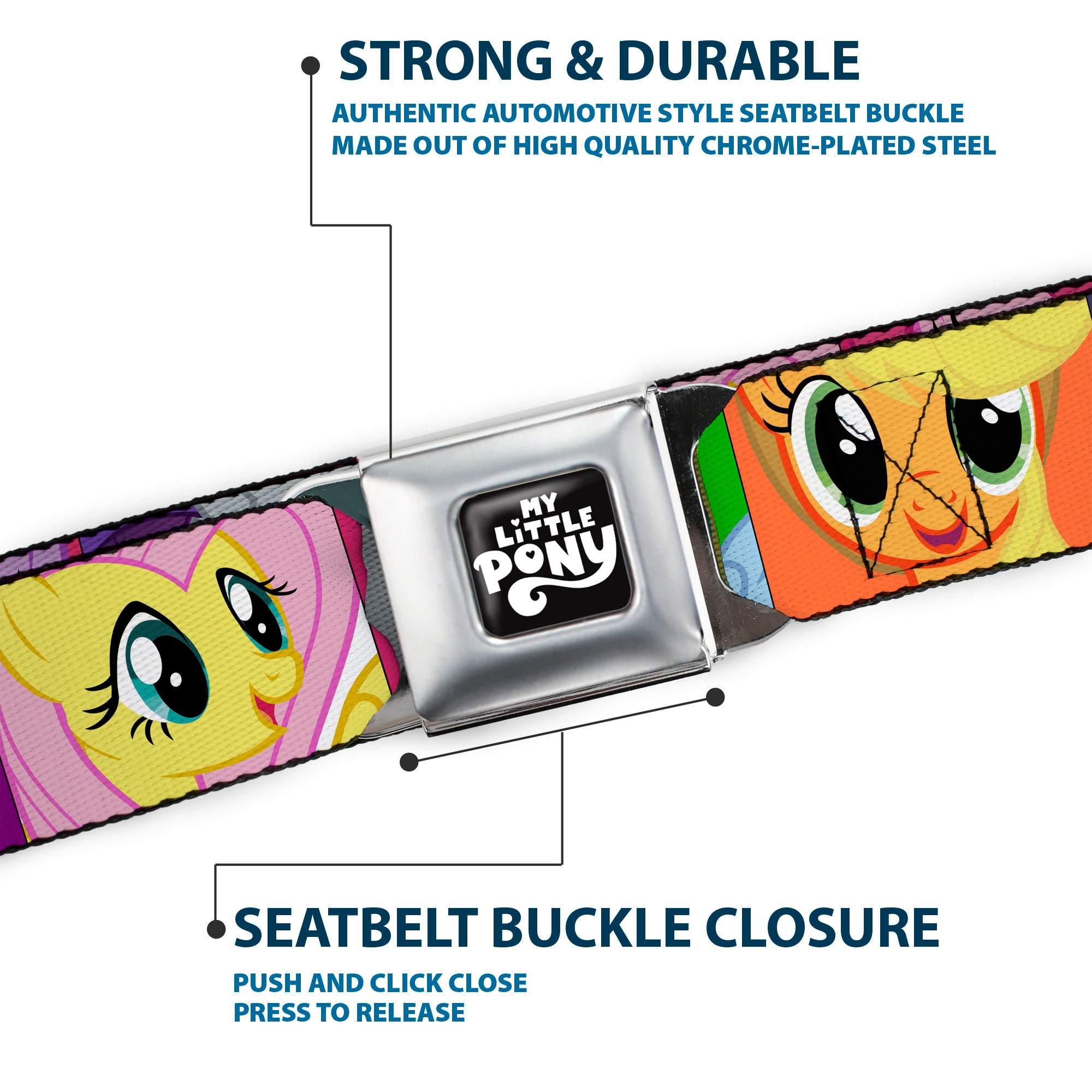 MY LITTLE PONY Title Logo Full Color Black/Purple/White Seatbelt Belt - My Little Pony Mane Six Close-Up Face Blocks Multi Color Webbing Seatbelt Belts My Little Pony