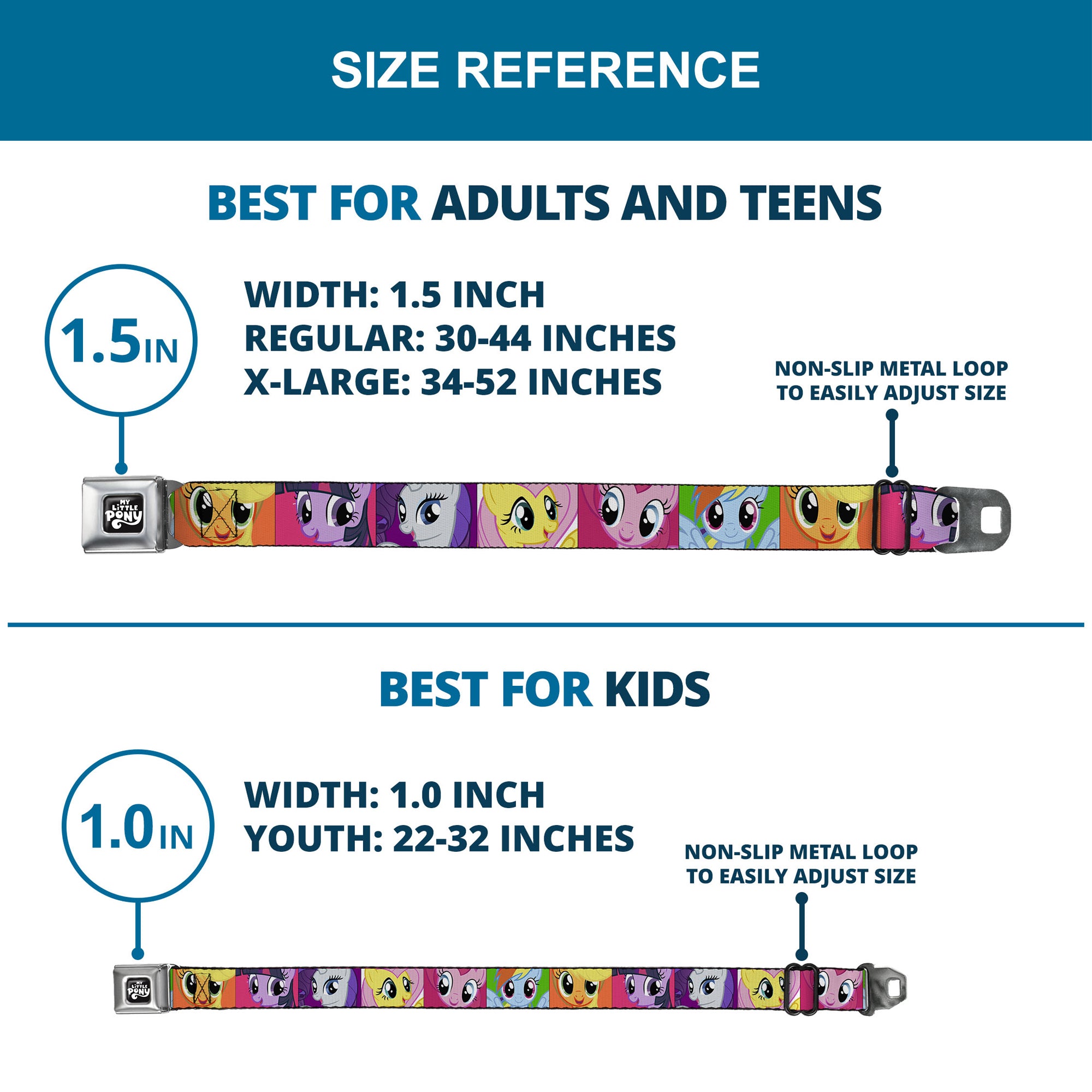 MY LITTLE PONY Title Logo Full Color Black/Purple/White Seatbelt Belt - My Little Pony Mane Six Close-Up Face Blocks Multi Color Webbing Seatbelt Belts My Little Pony