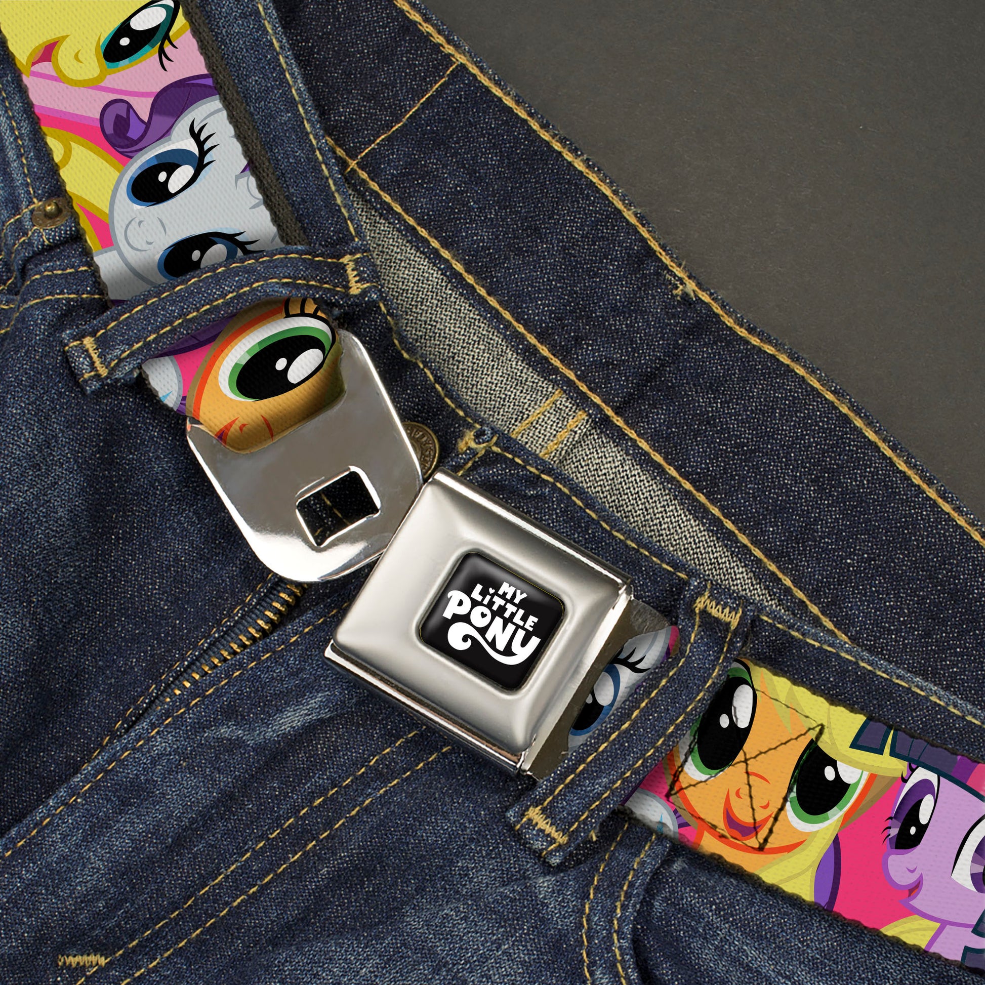 MY LITTLE PONY Title Logo Full Color Black/Purple/White Seatbelt Belt - My Little Pony Mane Six Eye Expressions Close-Up Multi Color Webbing Seatbelt Belts My Little Pony