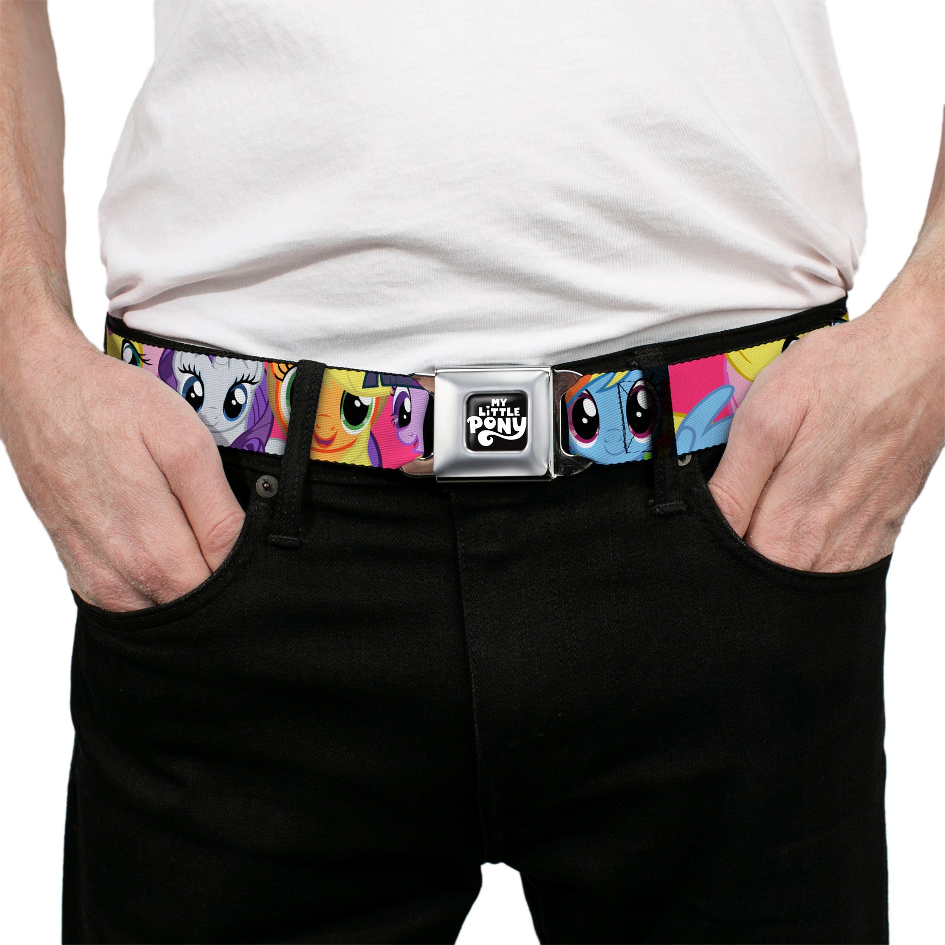MY LITTLE PONY Title Logo Full Color Black/Purple/White Seatbelt Belt - My Little Pony Mane Six Eye Expressions Close-Up Multi Color Webbing Seatbelt Belts My Little Pony